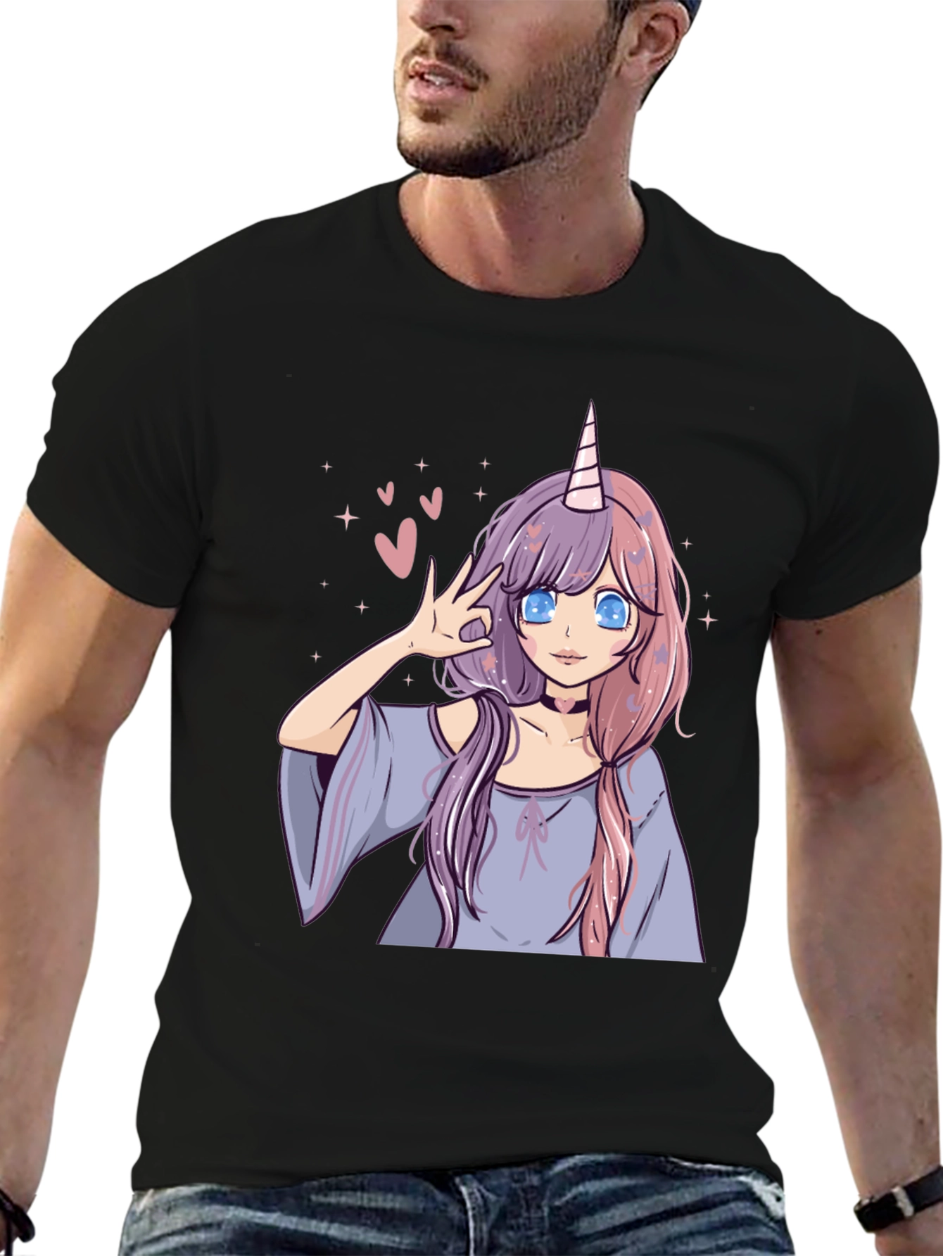 Black Anime Unicorn Girl Graphic Tee - Black Casual T-Shirt view 6