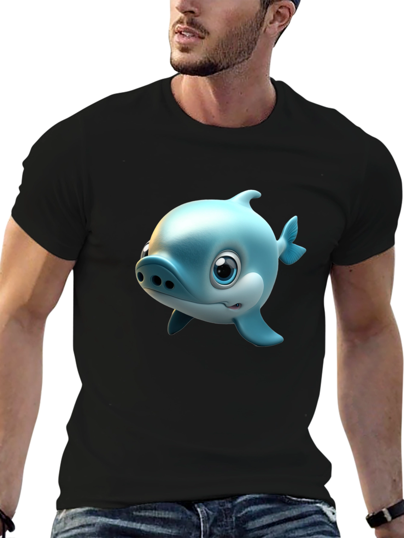 Black Cute Cartoon Shark Graphic Tee - Black Cotton Blend T-Shirt view 6