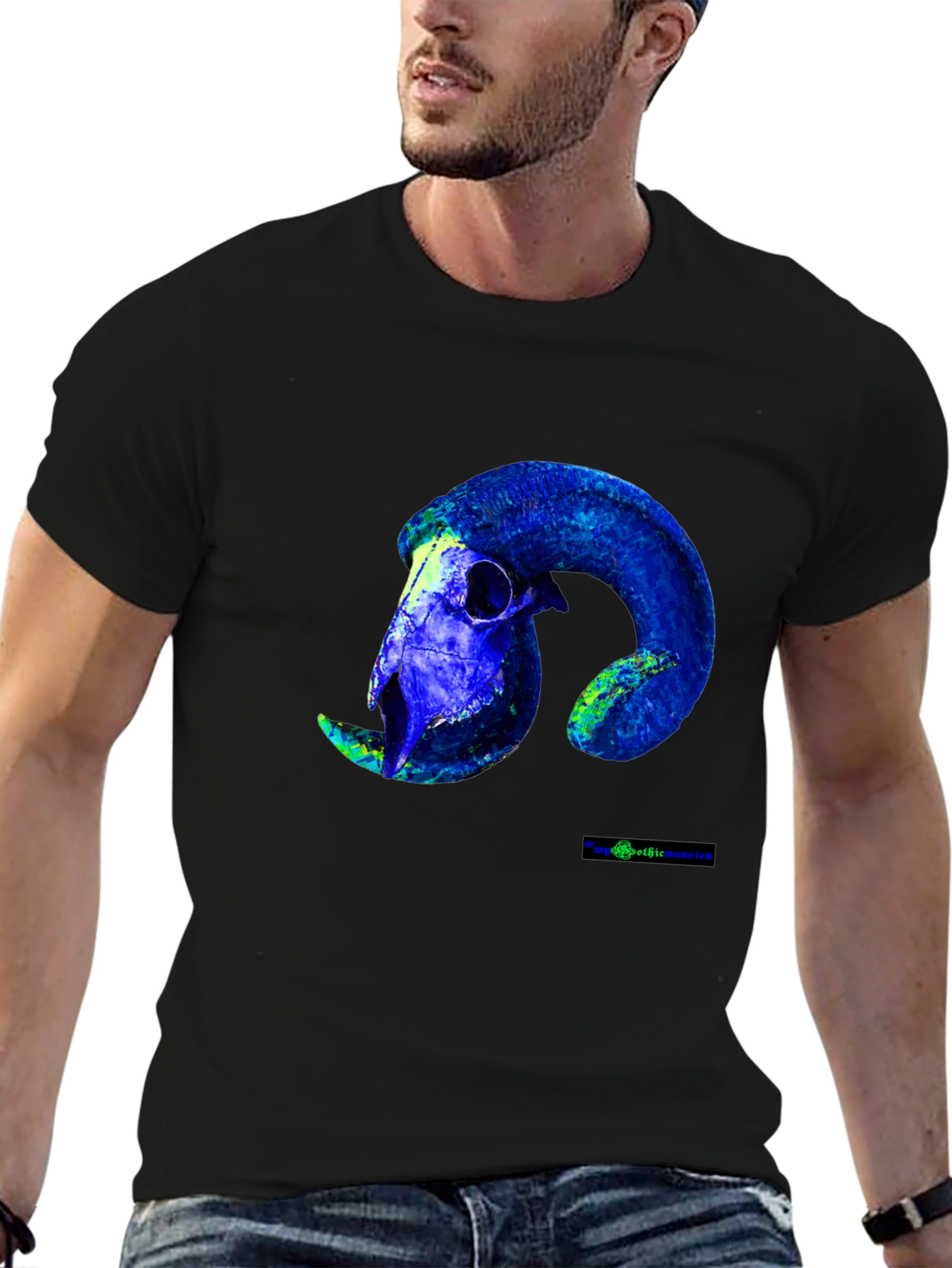 Black Ram Skull Graphic Tee - Bold Blue Design view 6