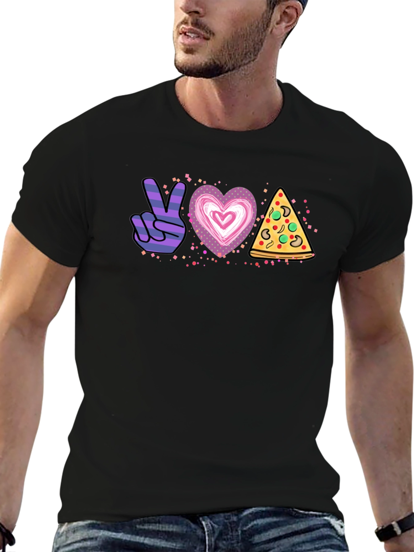 Black Peace Love Pizza Graphic T-Shirt - Unisex view 6