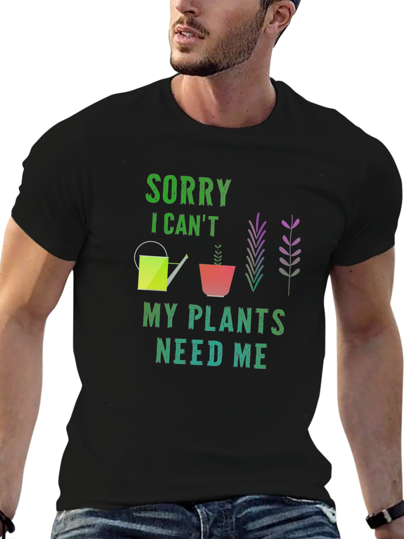 Black Sorry I Can't My Plants Need Me Black T-Shirt view 6