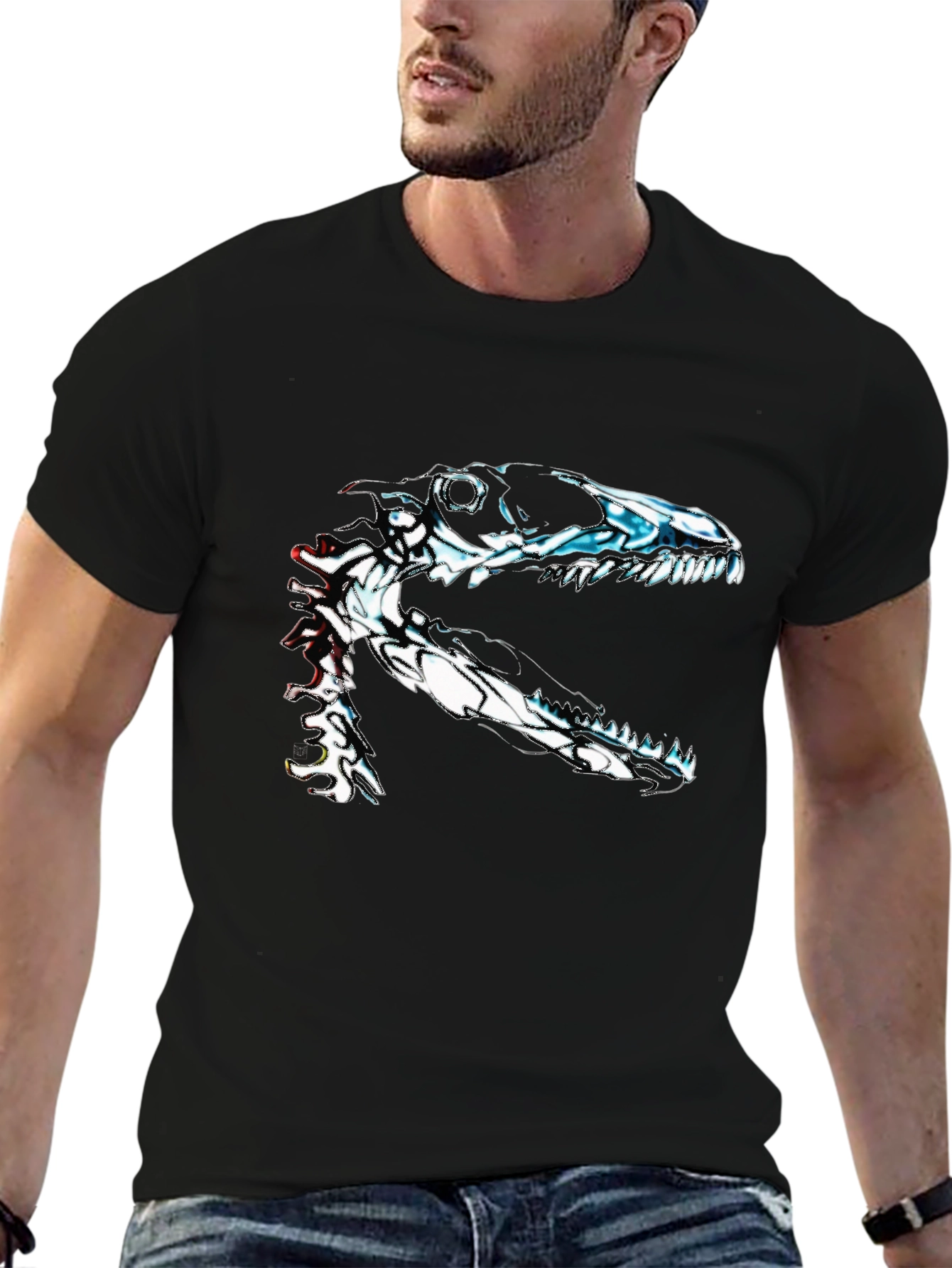 Black Dinosaur Skeleton Graphic Black T-Shirt view 6