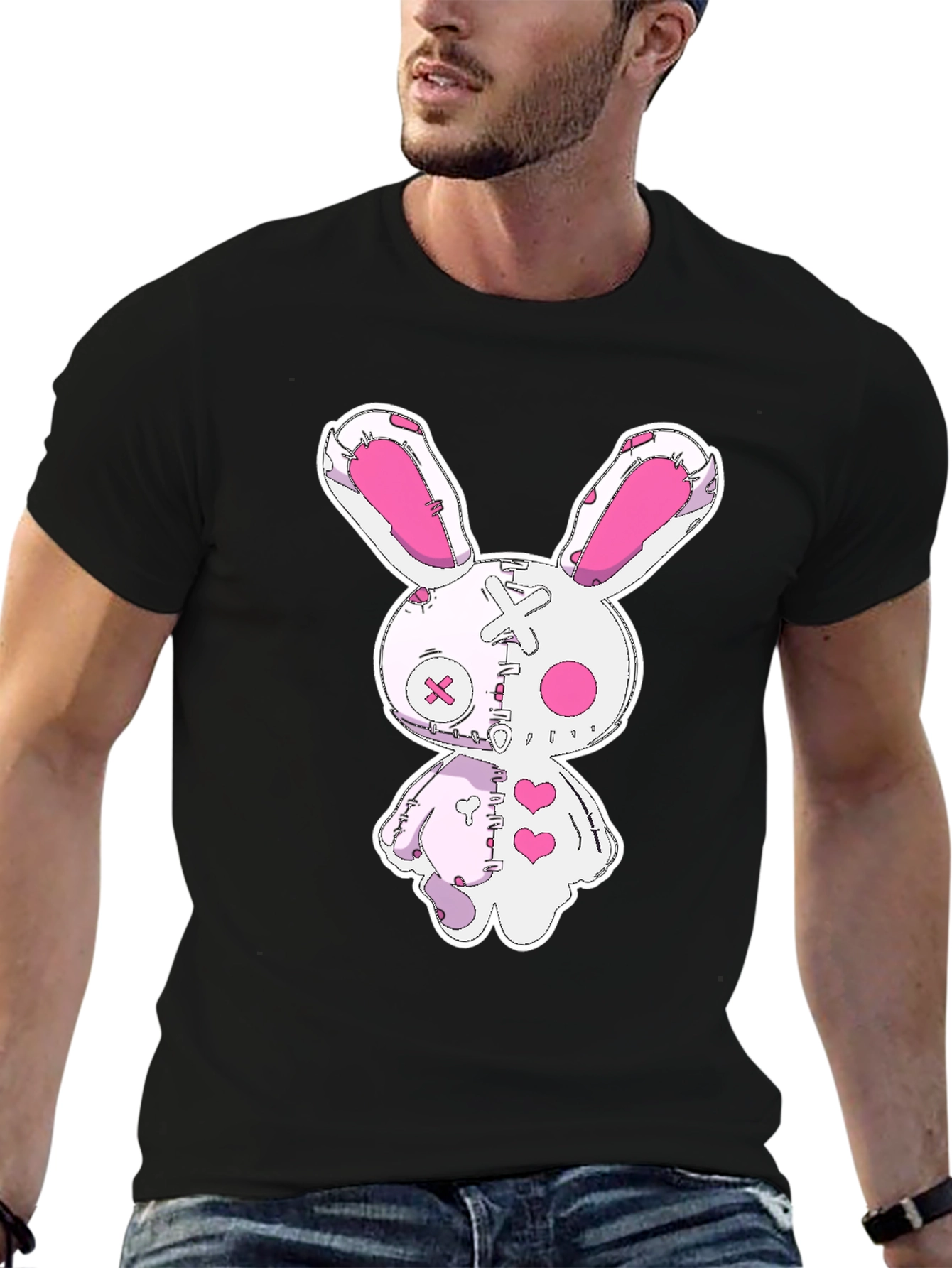 Black Creepy Cute Bunny Graphic Tee - Black Cotton view 6