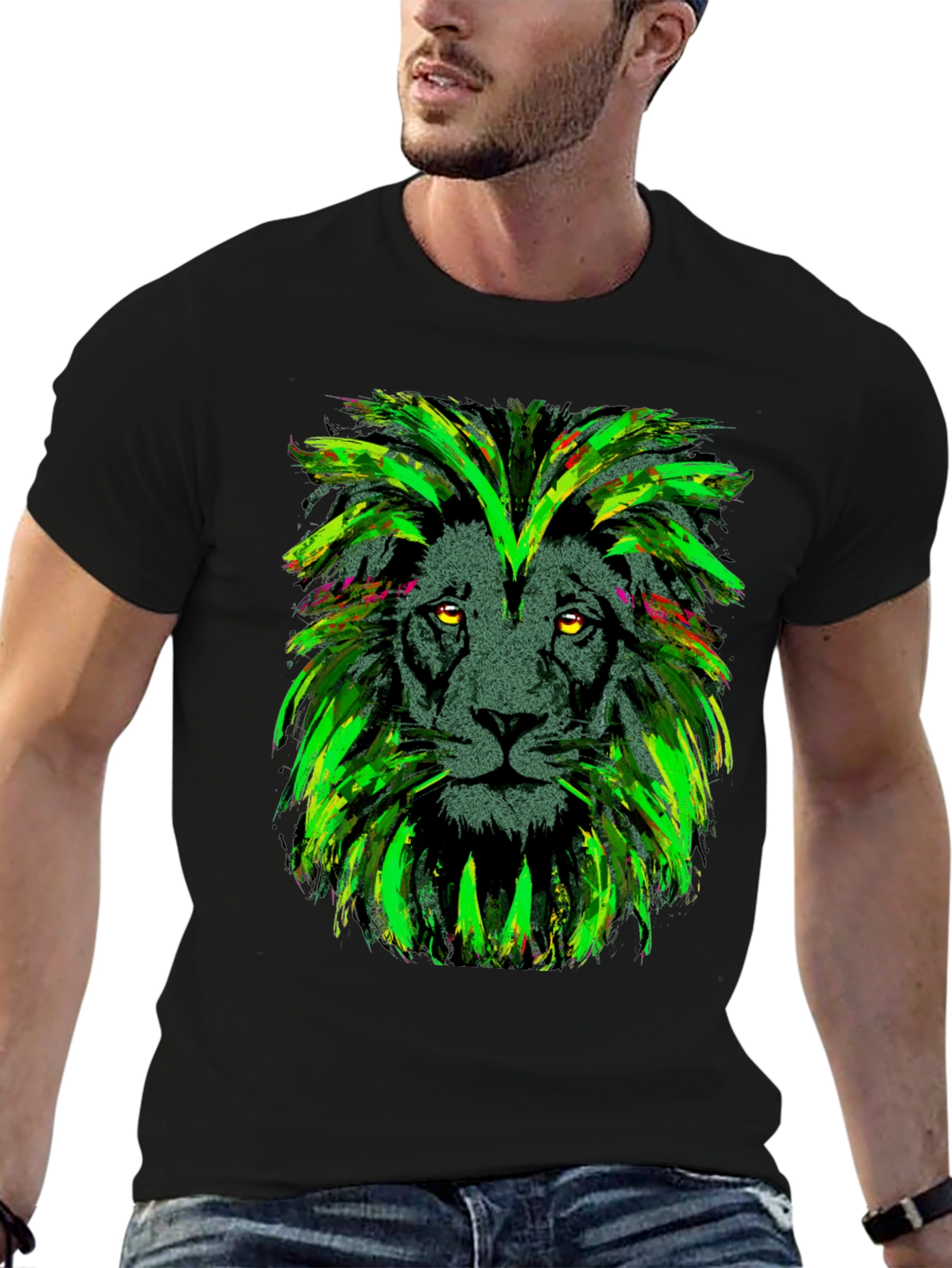 Black Lion Head Graphic Print Black T-Shirt view 6
