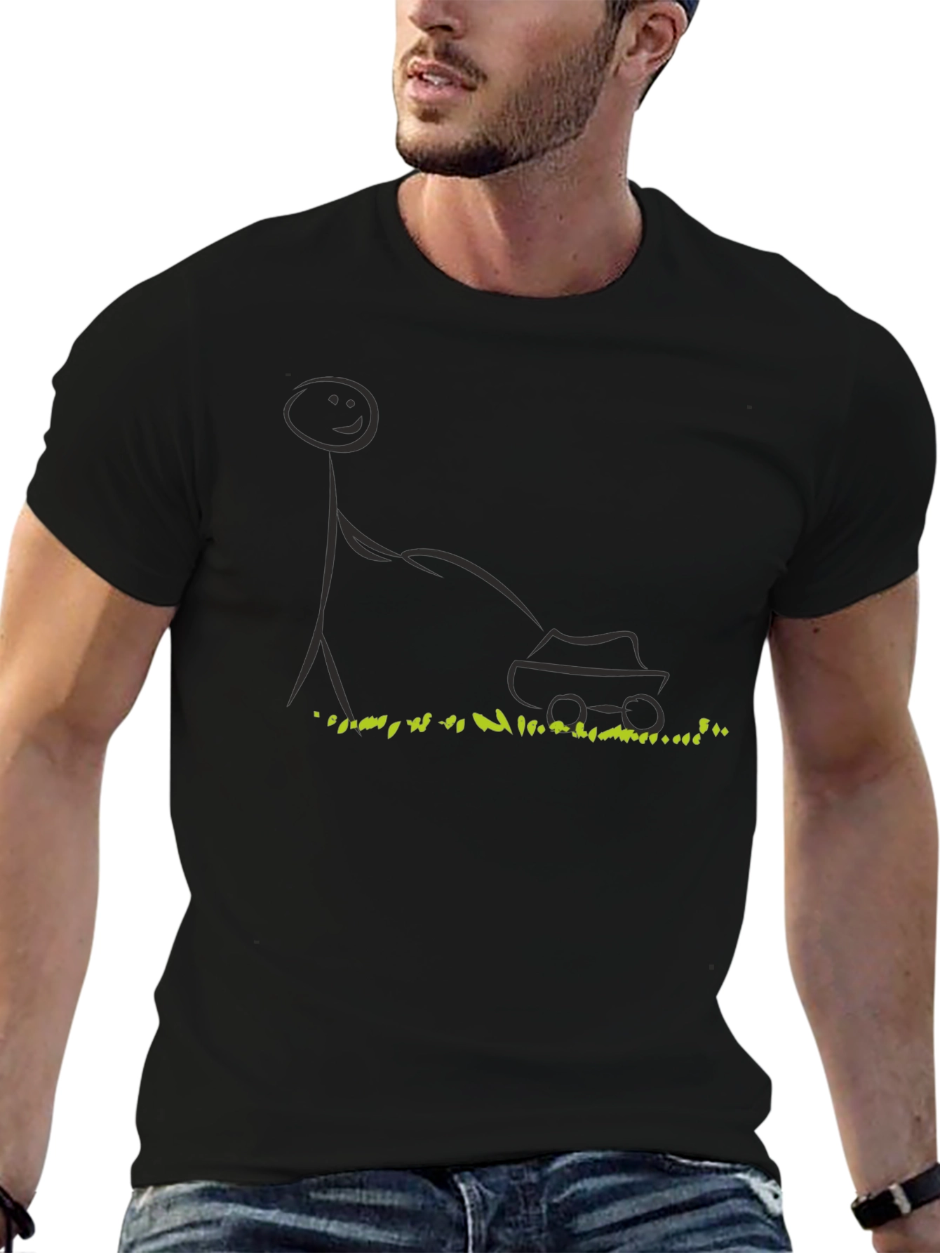 Black Stick Figure Lawn Mower T-Shirt - Black view 6