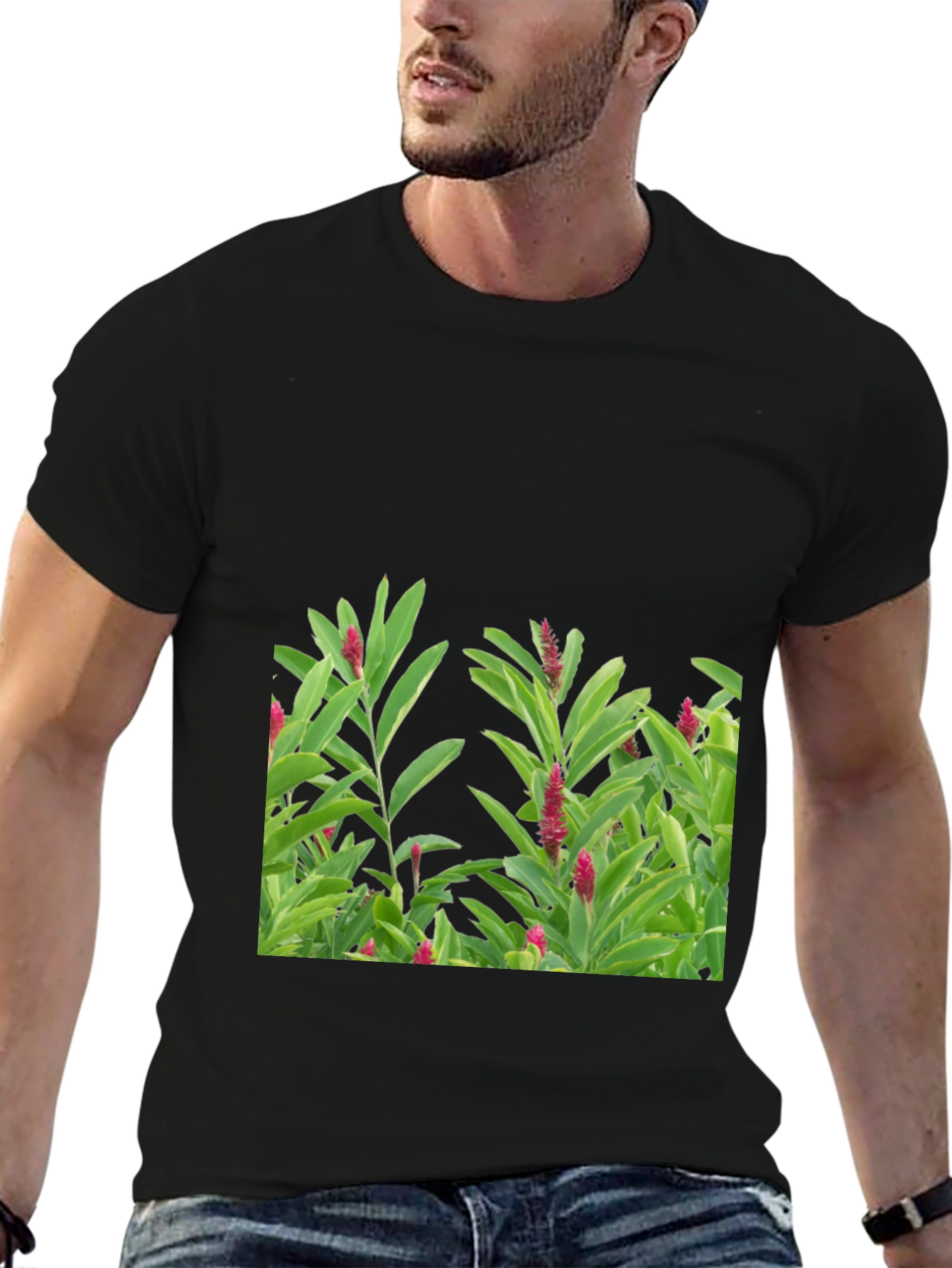 Black Tropical Plant Graphic Tee - Black Cotton Shirt view 6
