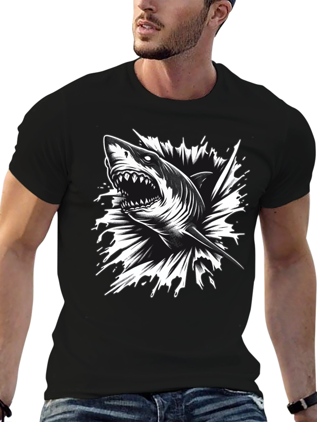 Black Men's Black Shark Graphic Tee - Bold & Edgy! view 6