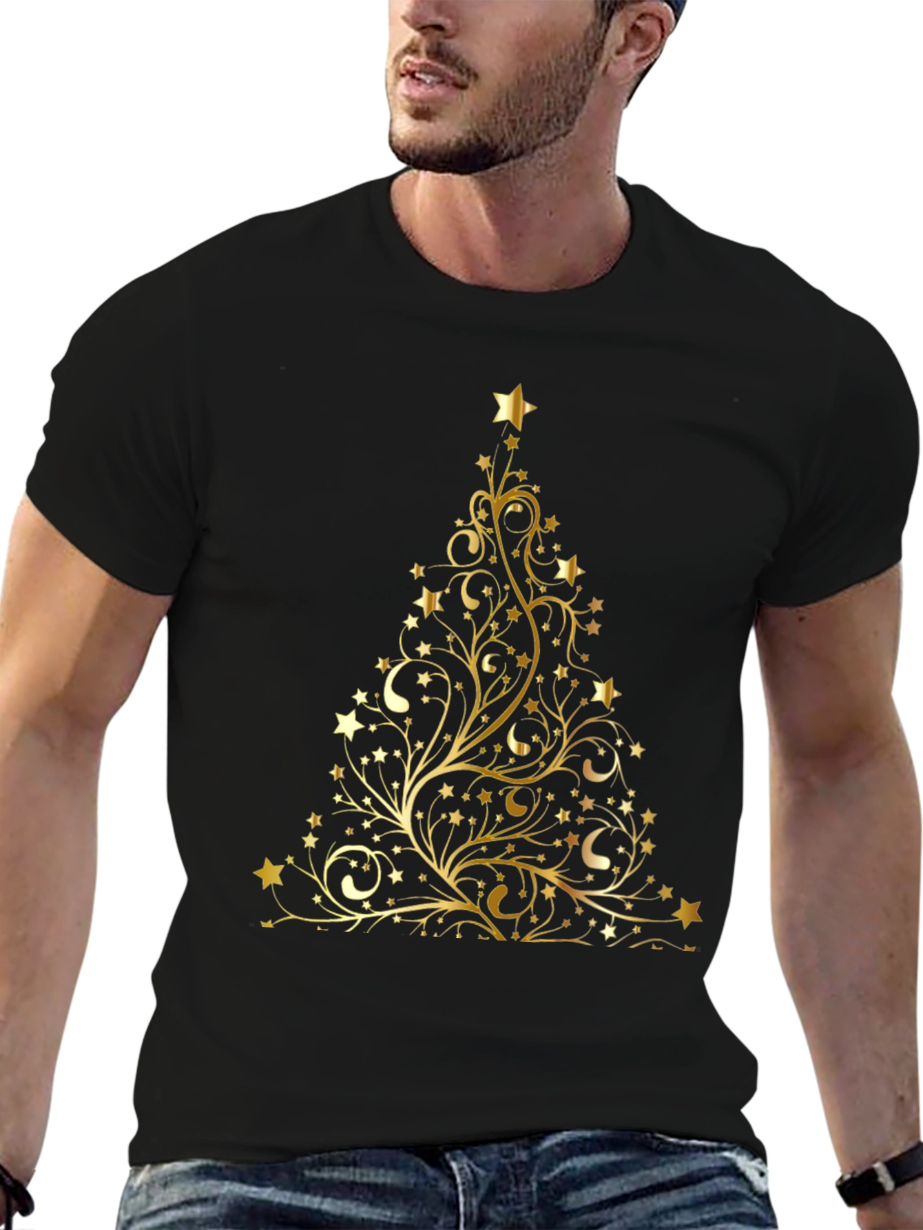Black Festive Gold Christmas Tree Black T-Shirt view 6