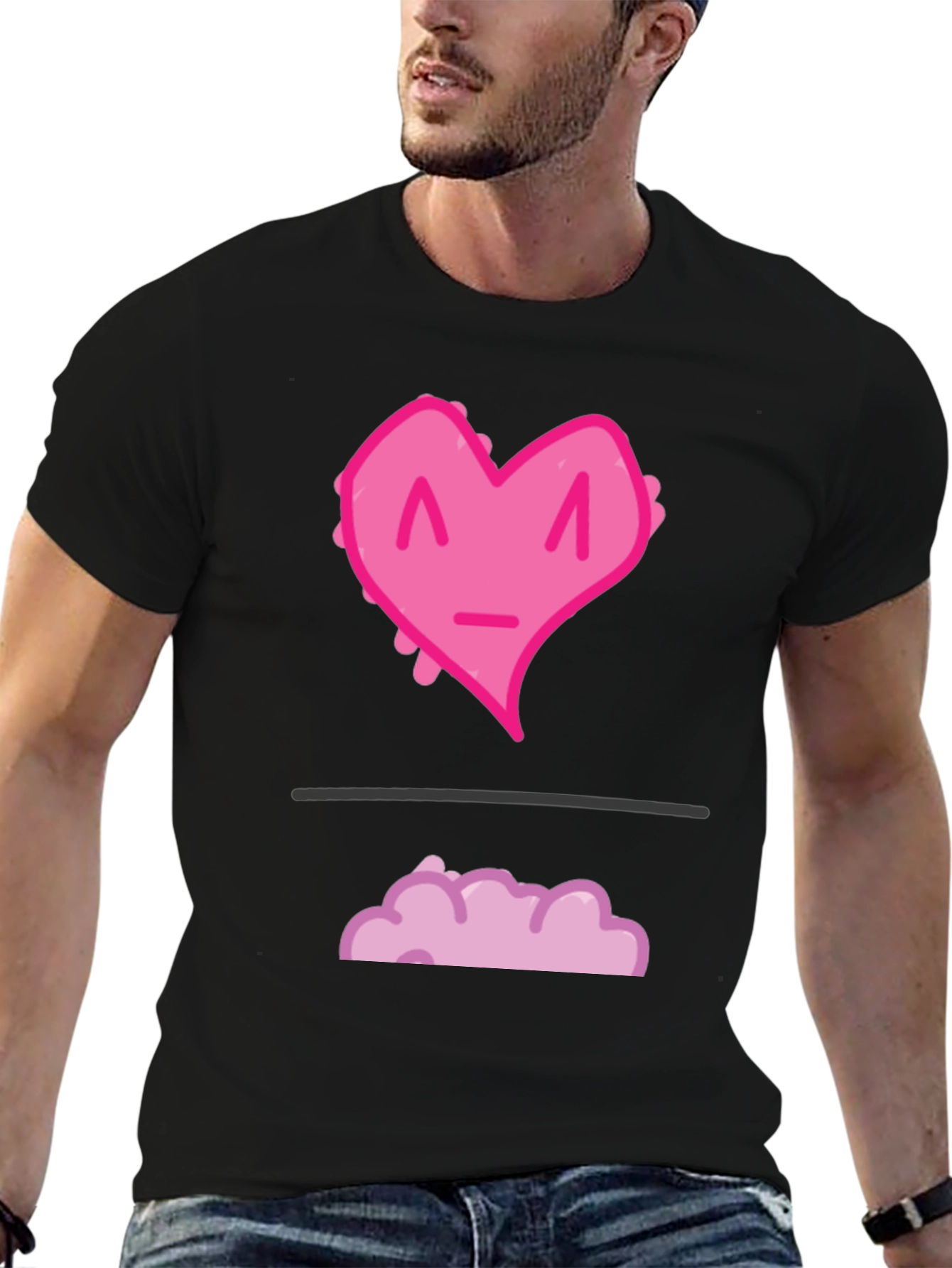 Black Funny Pink Heart Graphic T-Shirt - Black Casual Tee view 6