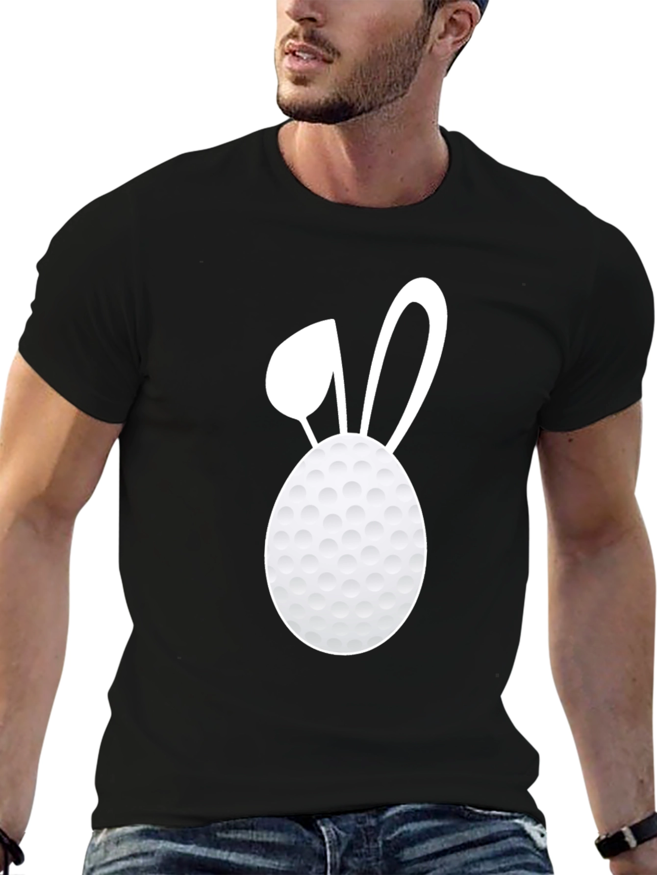 Black Golf Ball Easter Bunny Tee - Black Cotton T-Shirt view 6