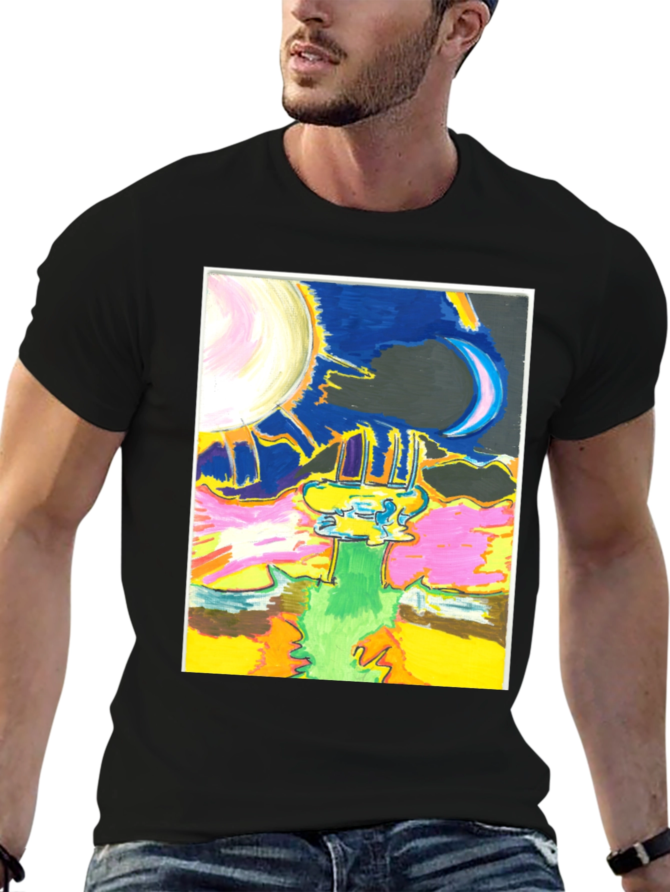 Black Artistic Moon & Sun Graphic Tee - Unique Design view 6