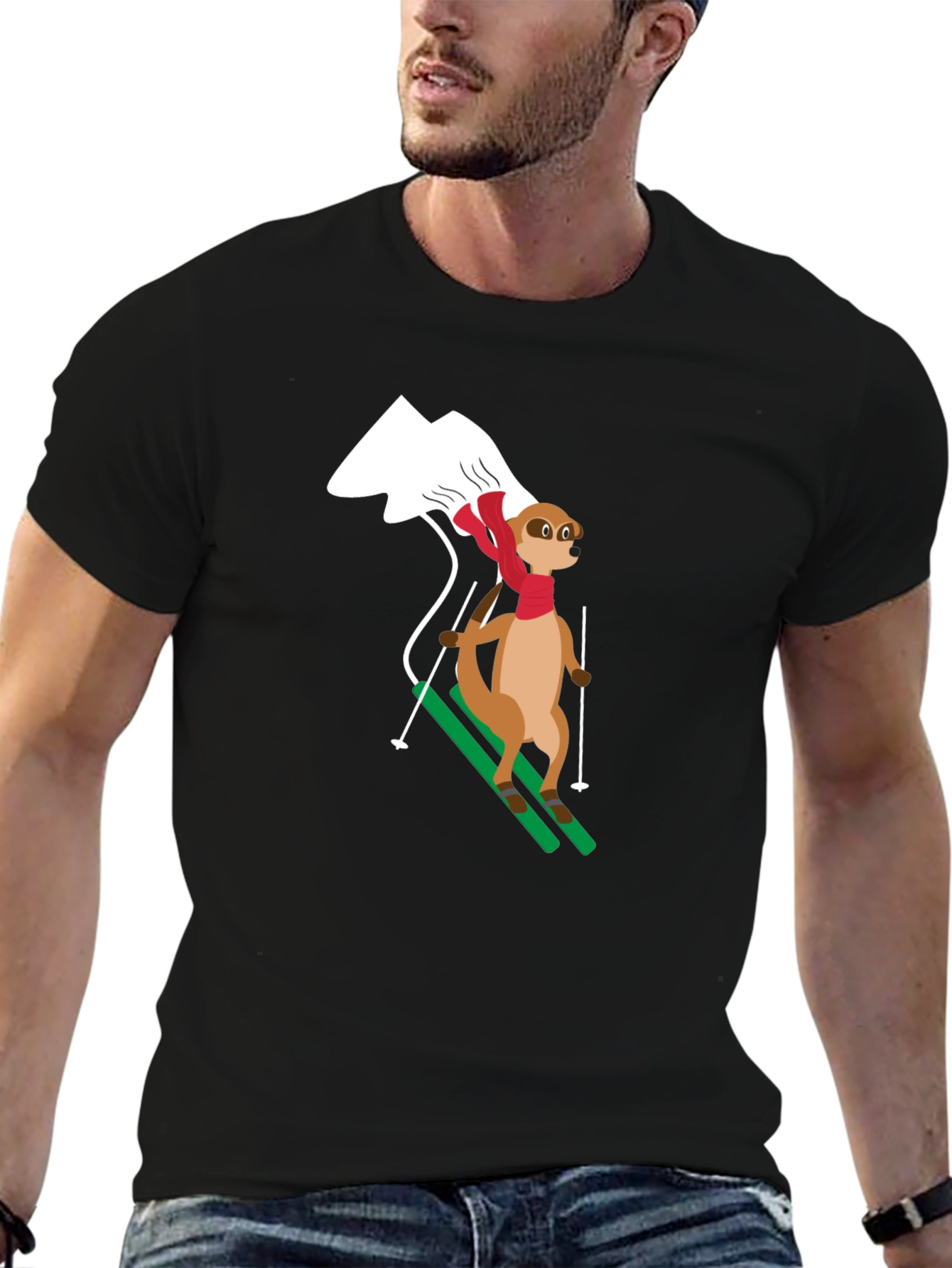 Black Skiing Meerkat T-Shirt - Black Cotton Tee view 6