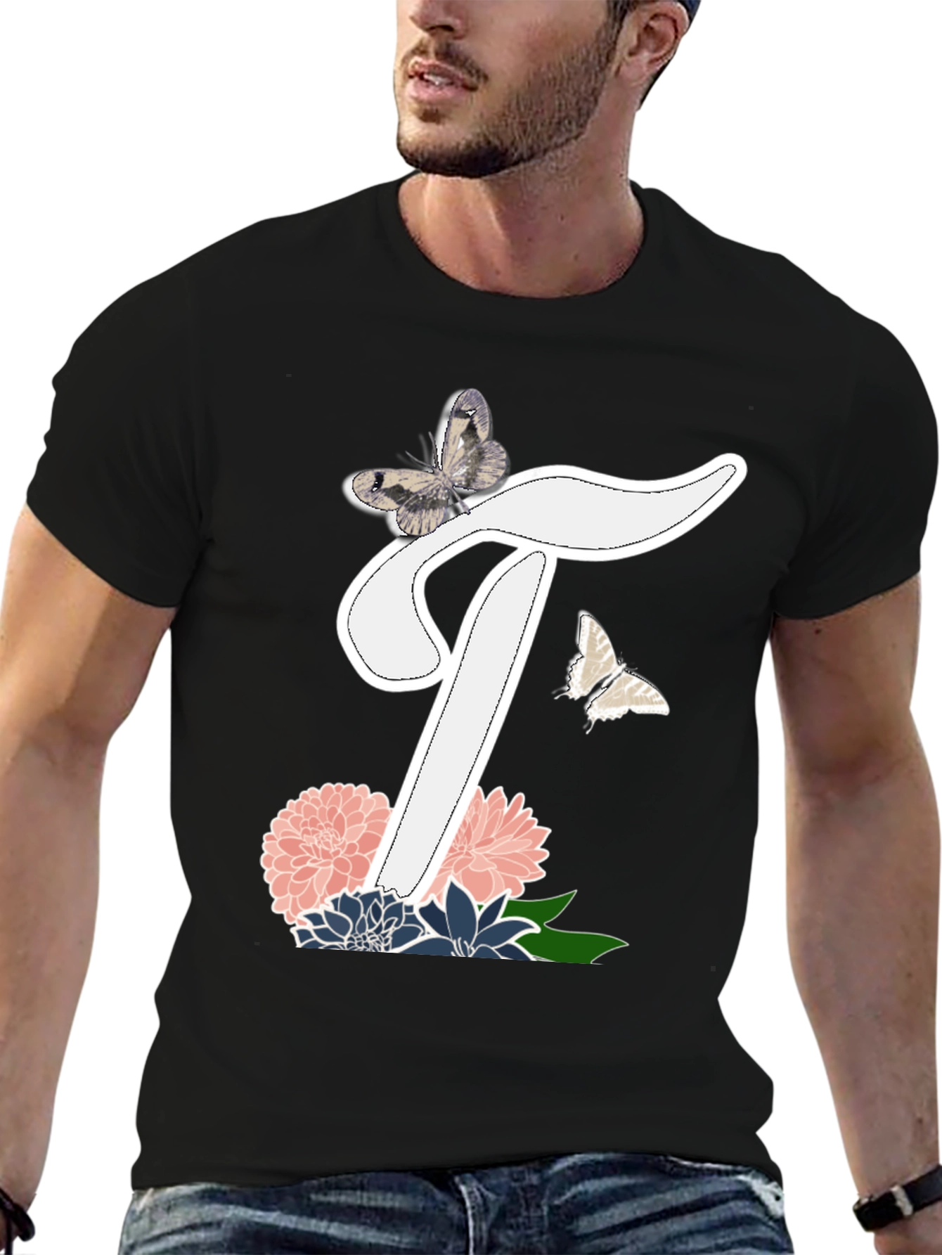 Black Butterfly Letter T Floral T-Shirt view 6