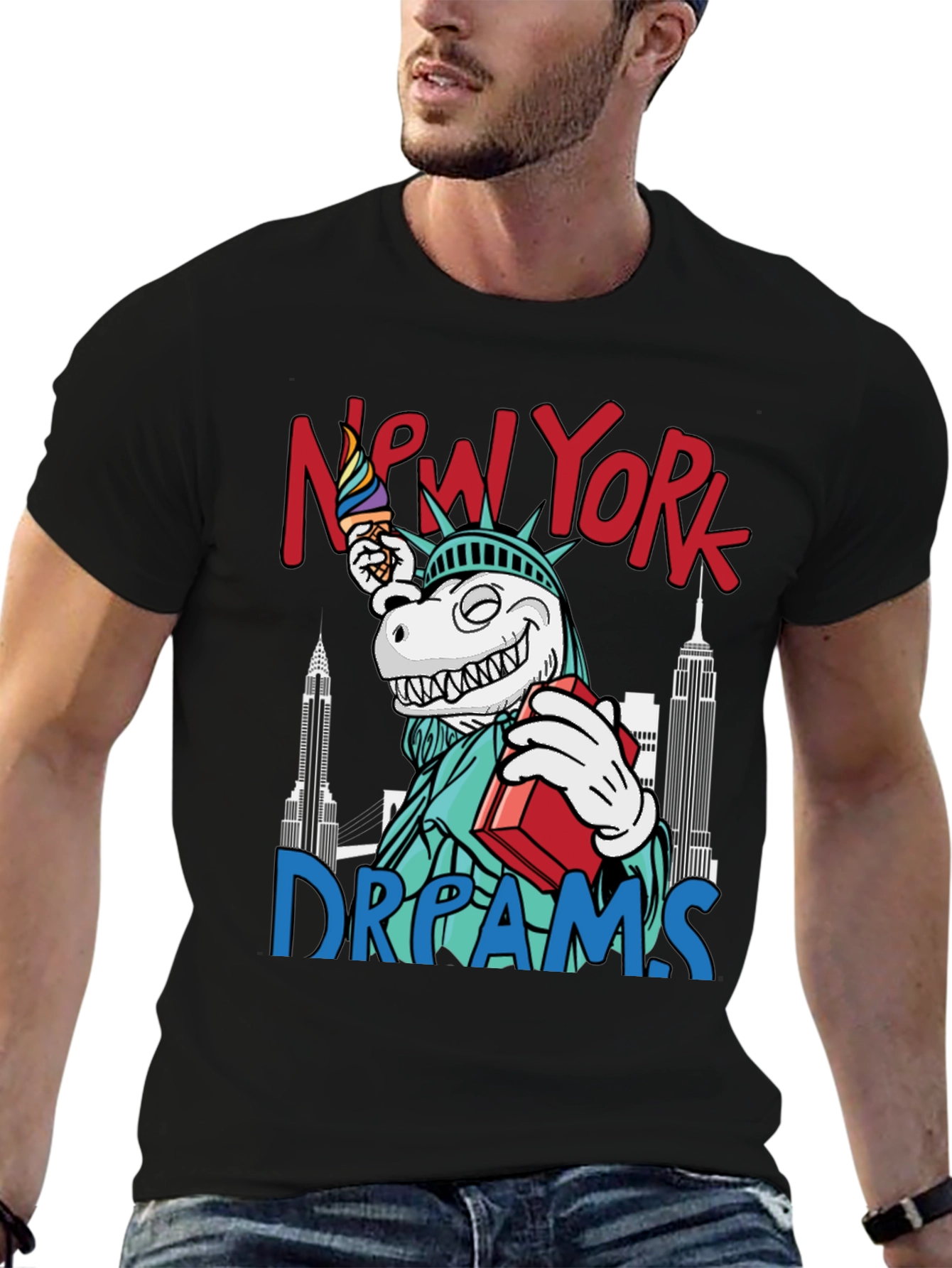 Black New York Dreams T-Shirt: Dinosaur Liberty Funny Tee view 6