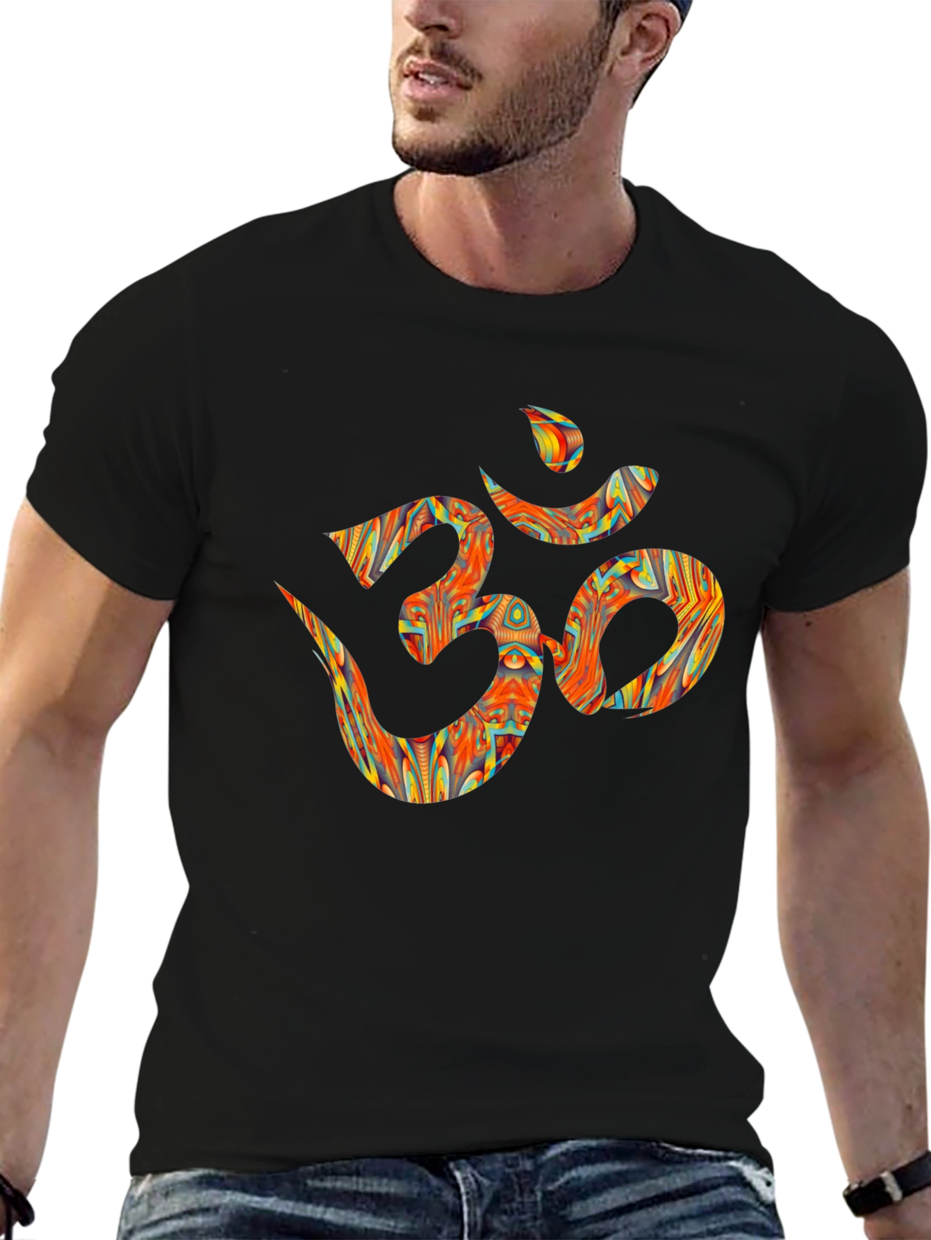 Black Om Design Graphic Tee - Black Cotton T-Shirt view 6