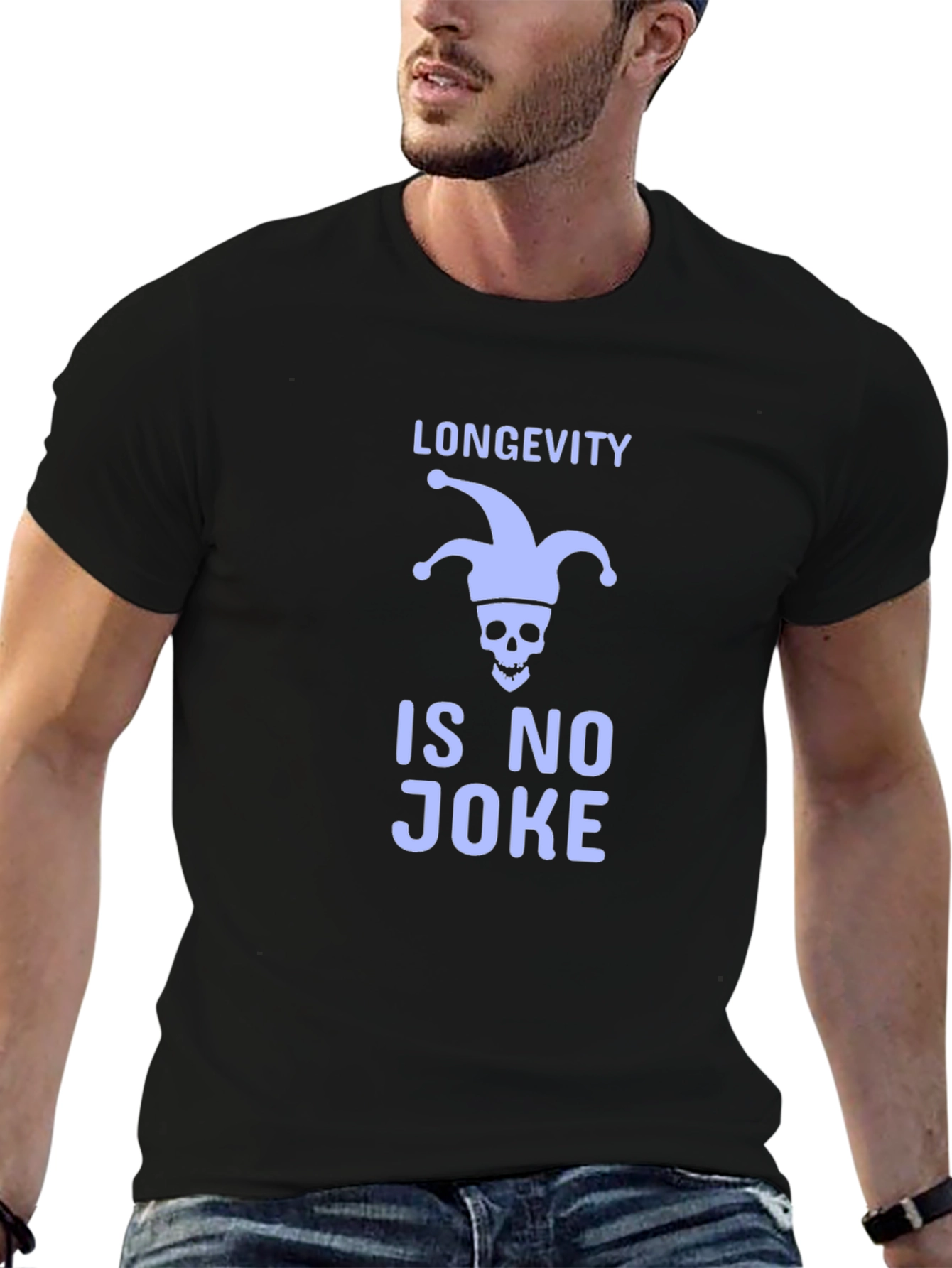 Black Longevity Is No Joke T-Shirt - Funny Skull Graphic Tee view 6