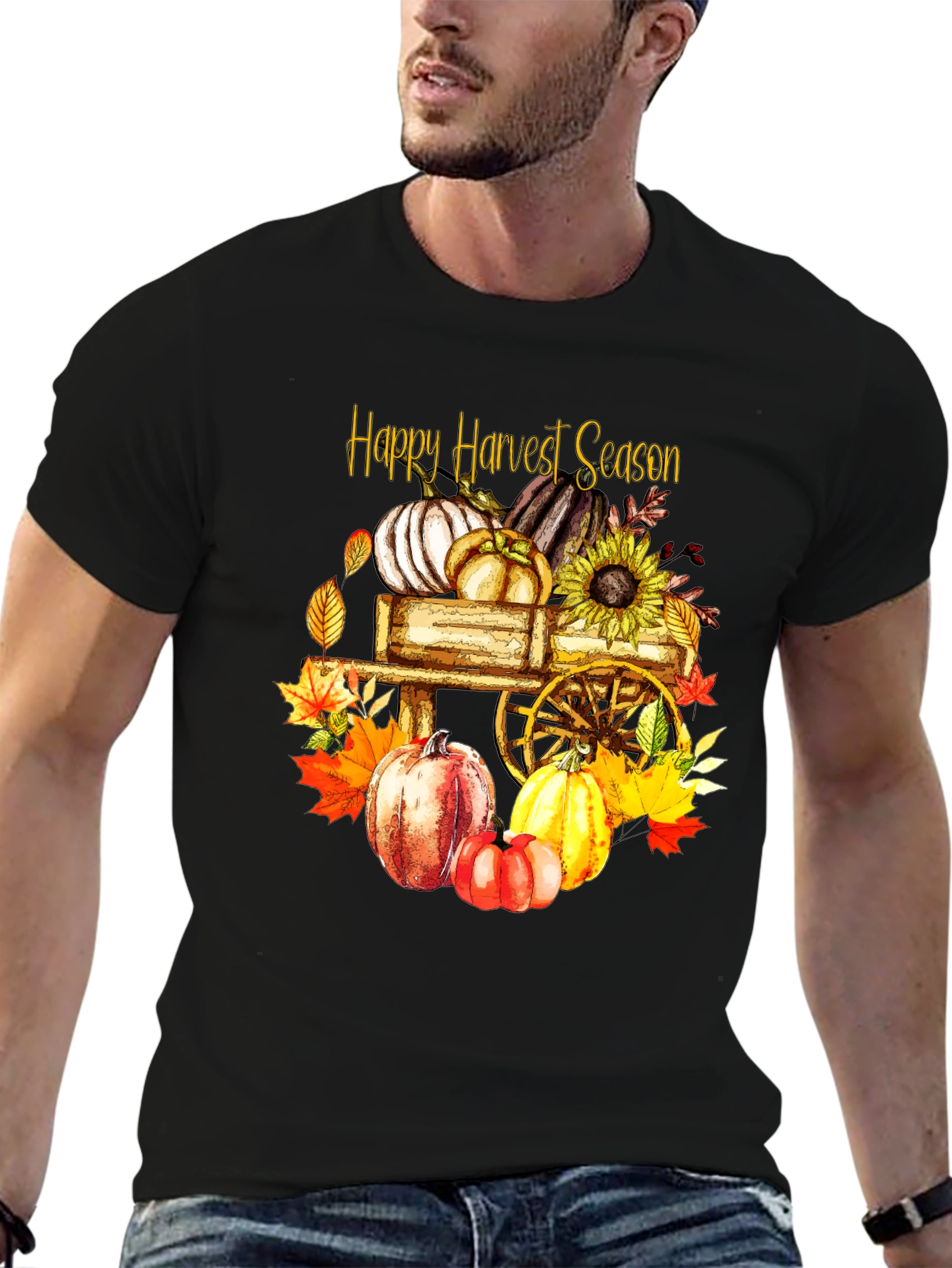 Black Happy Harvest Season Black Graphic T-Shirt view 6
