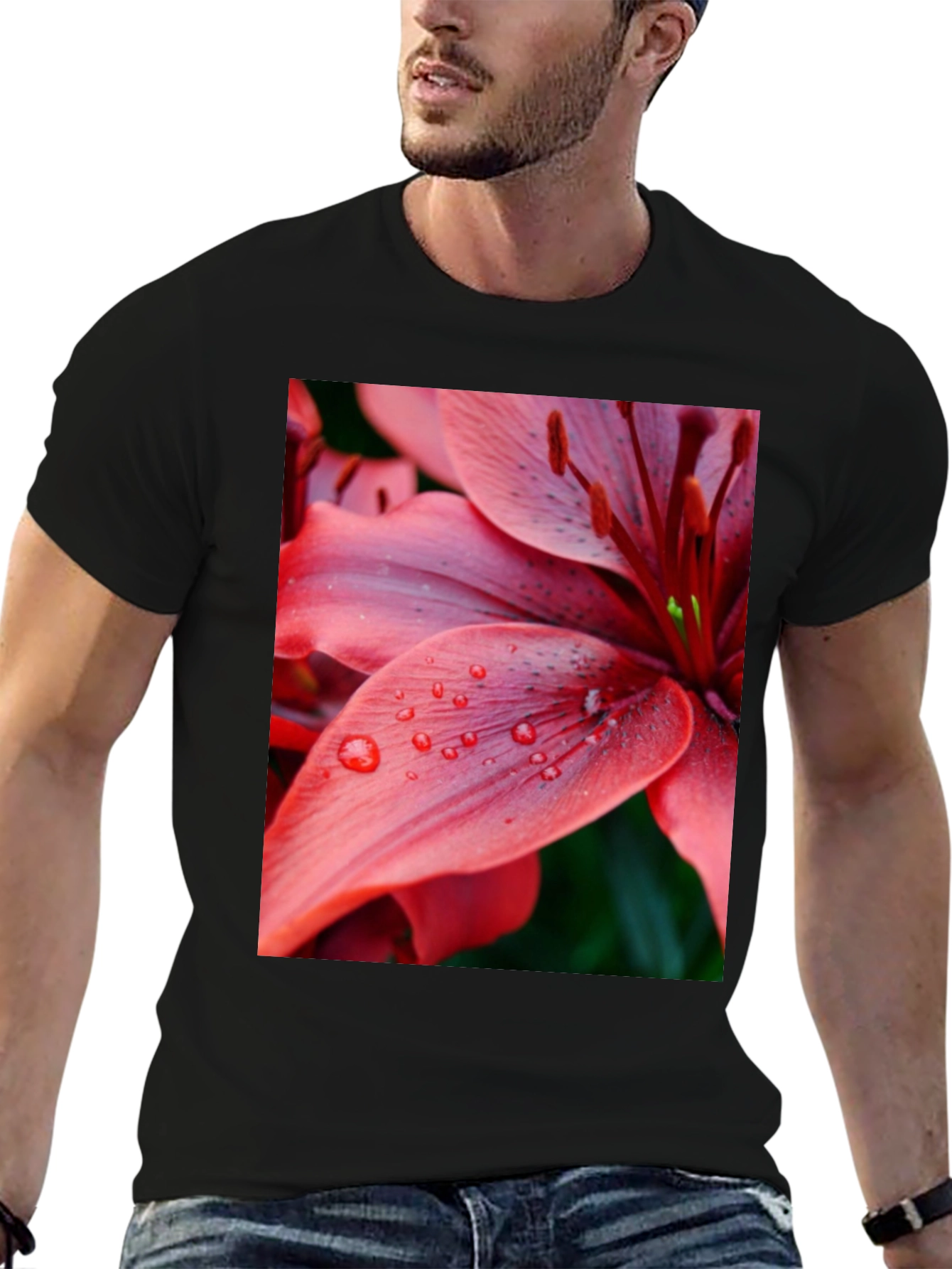 Black Floral Print T-Shirt - Red Lily Design view 6