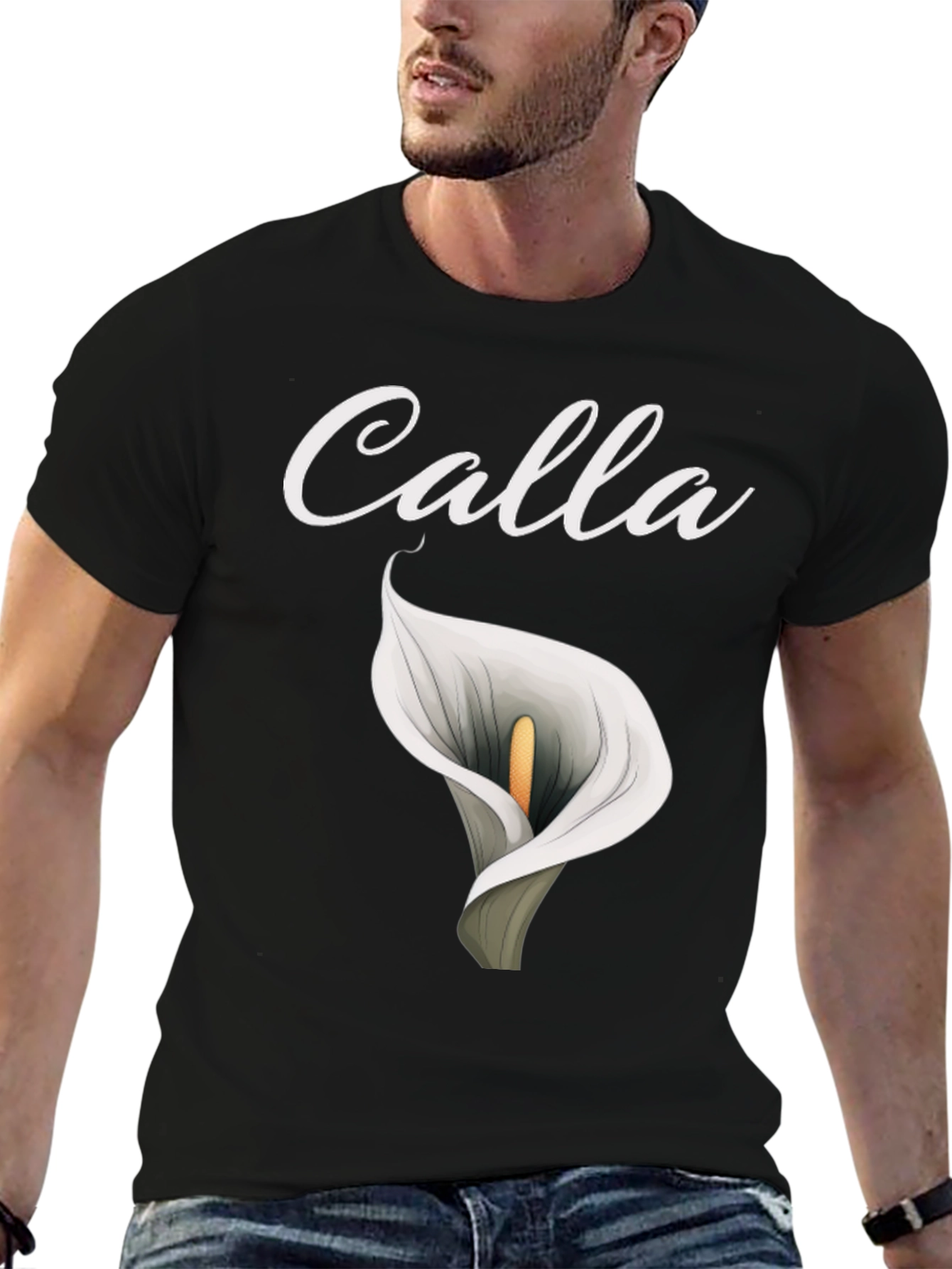 Black Calla Lily Graphic T-Shirt - Elegant Floral Design view 6