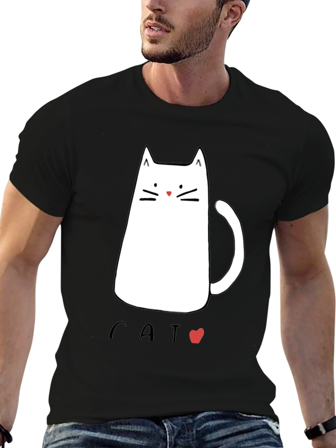 Black Men's Black T-Shirt with Cat Graphic view 6