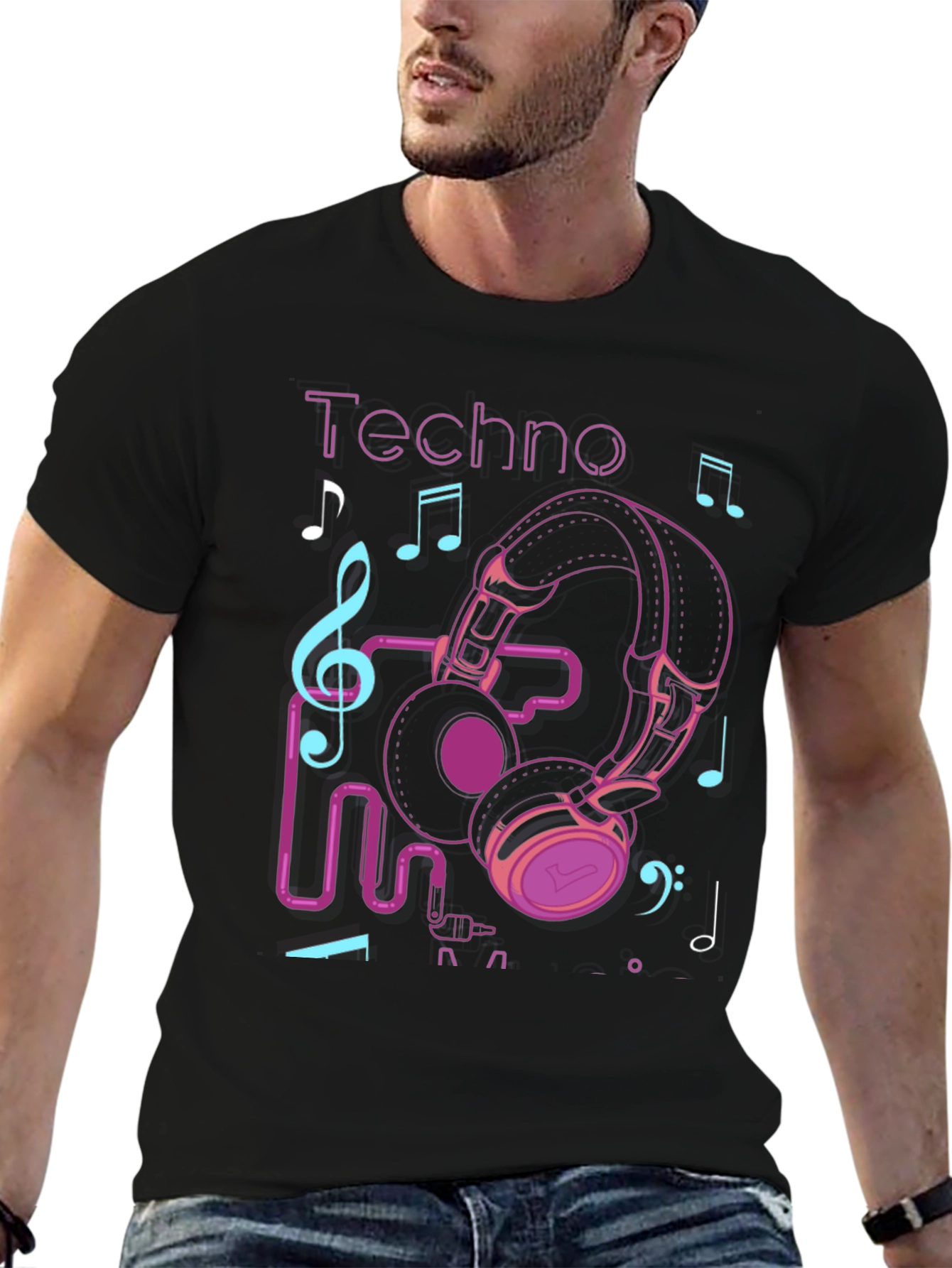 Black Techno Music Headphone Graphic T-Shirt view 6