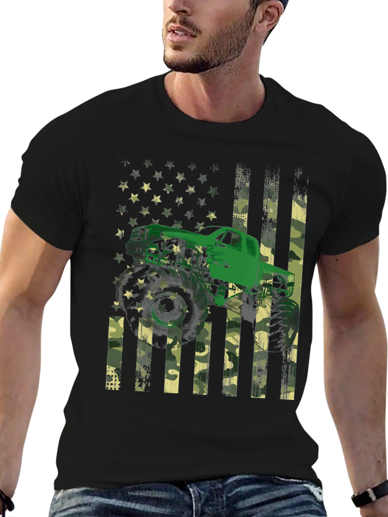 Black Monster Truck American Flag Graphic T-Shirt view 6