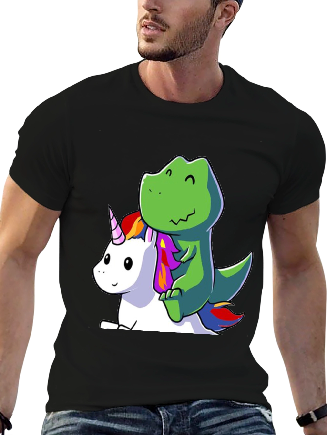 Black Dino Riding Unicorn T-Shirt - Cute Cartoon Design view 6