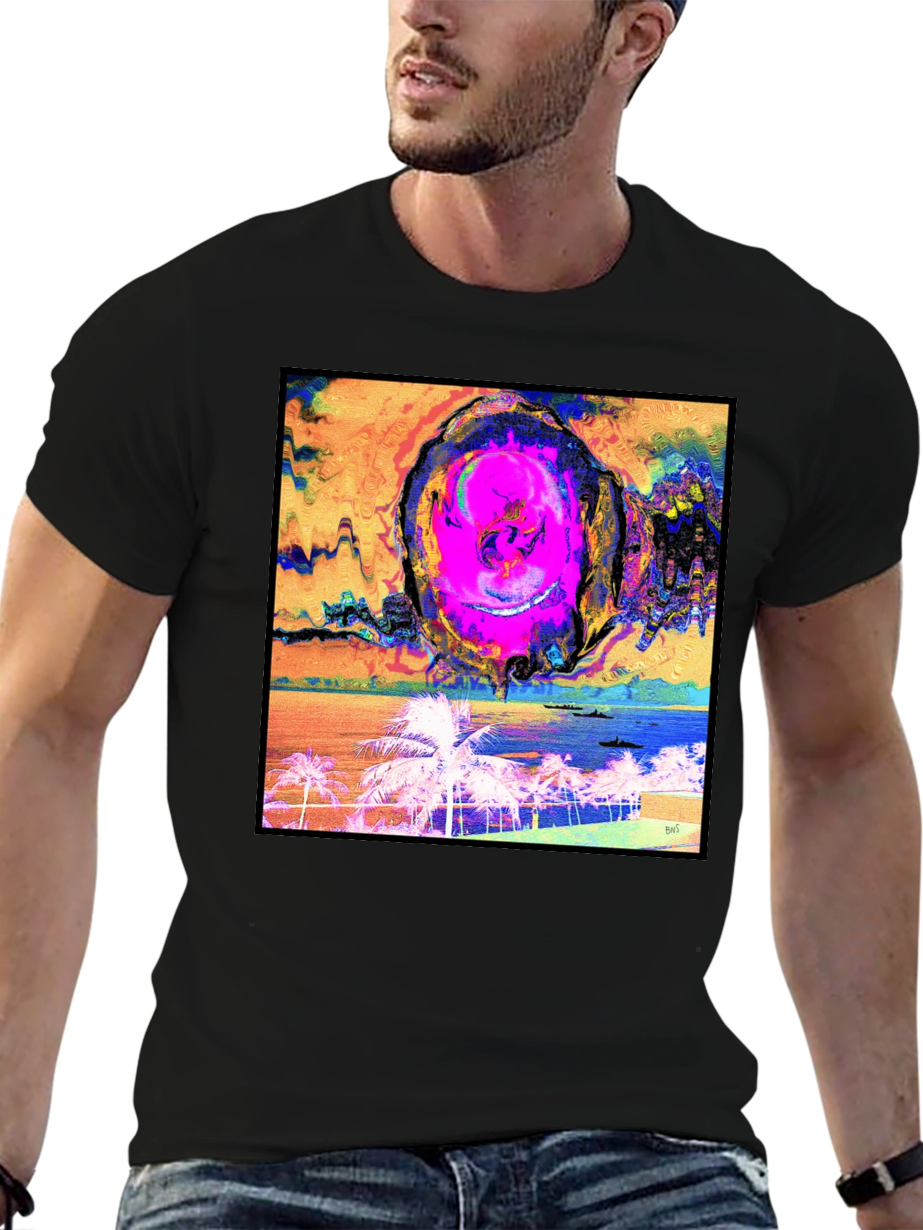 Black Abstract Beach T-Shirt - Unique Graphic Tee view 6