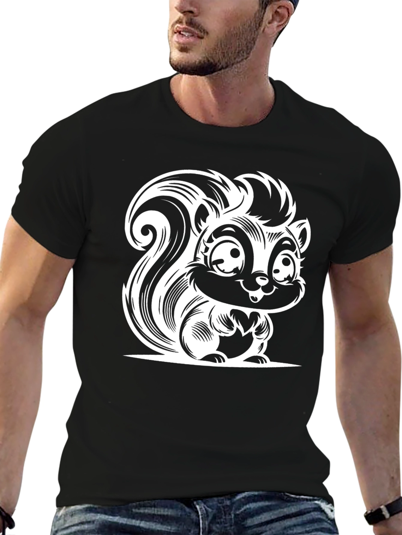 Black Cartoon Skunk Graphic Tee - Black Cotton T-Shirt view 6