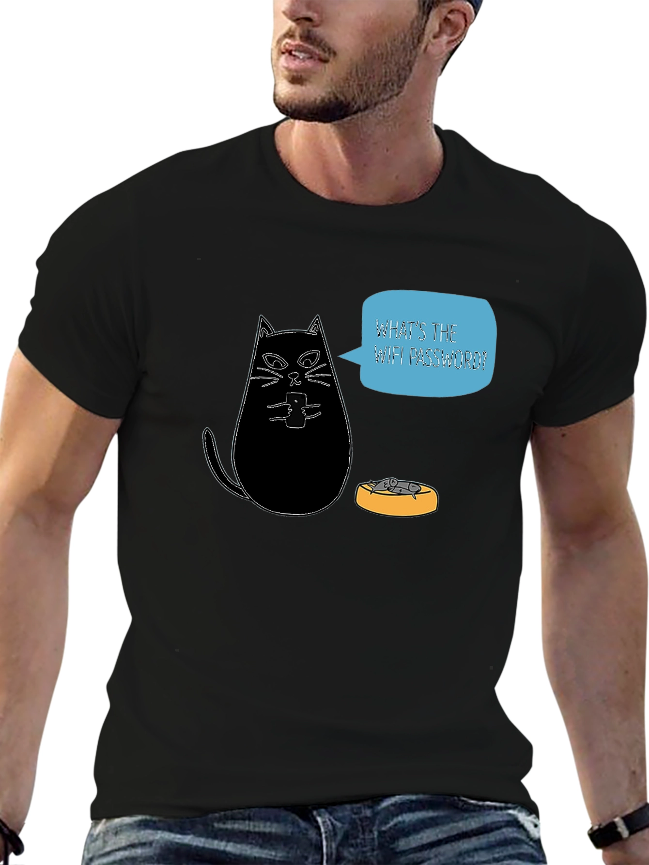 Black Funny Cat Wants WiFi Password Black T-Shirt view 6