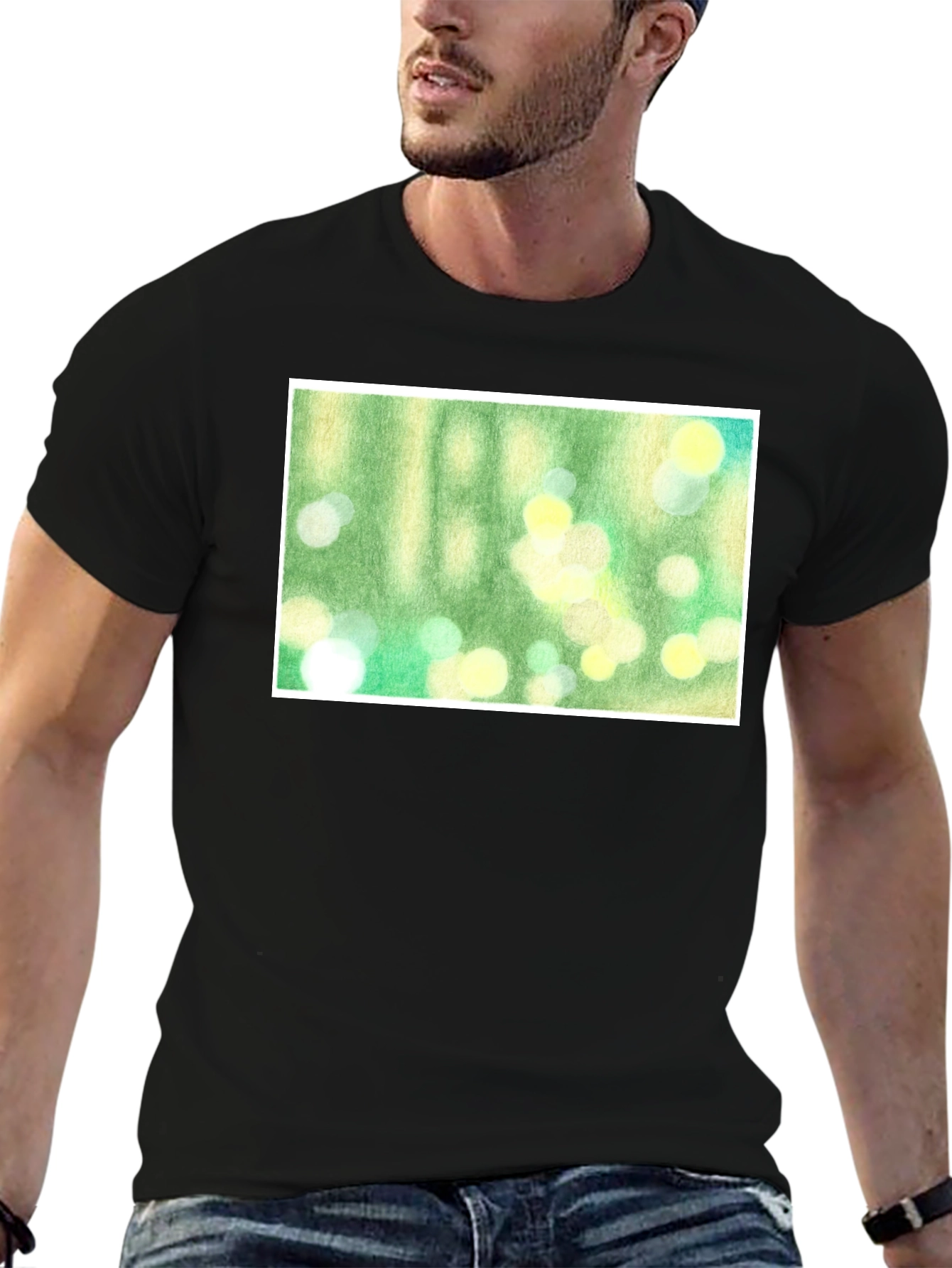 Black Green Bokeh Art Black T-Shirt view 6
