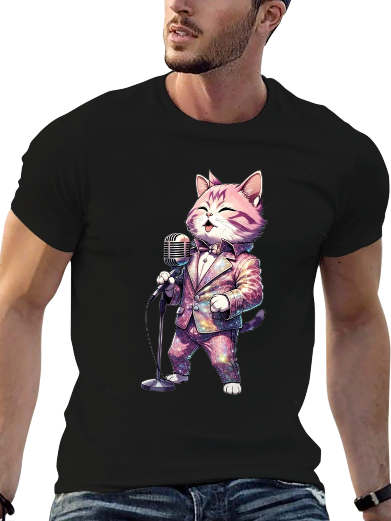 Black Singing Cat T-Shirt - Galaxy Suit view 6