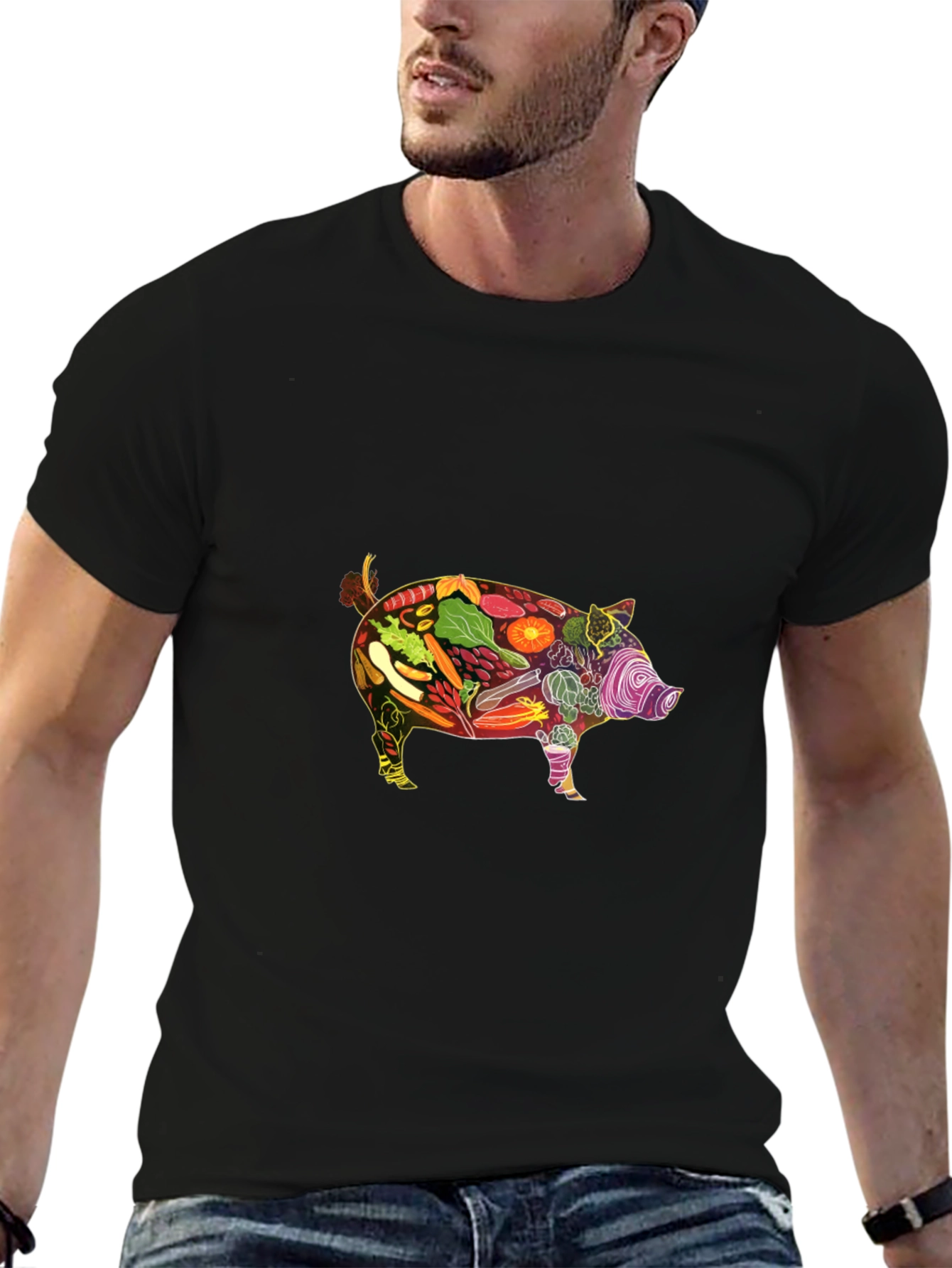 Black Veggie Pig Graphic Tee - Black Unisex Shirt view 6