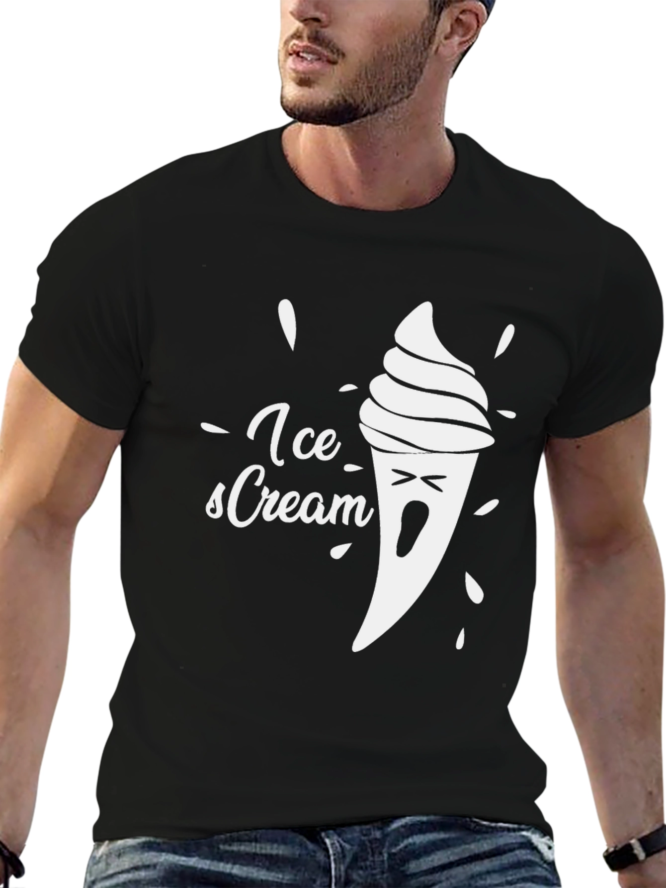 Black Funny Ice Cream Graphic Tee - Black Cotton T-Shirt view 6