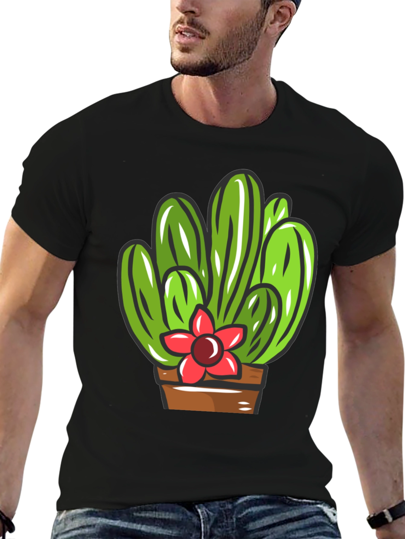 Black Cactus Flower Graphic T-Shirt - Black Cotton Tee view 6