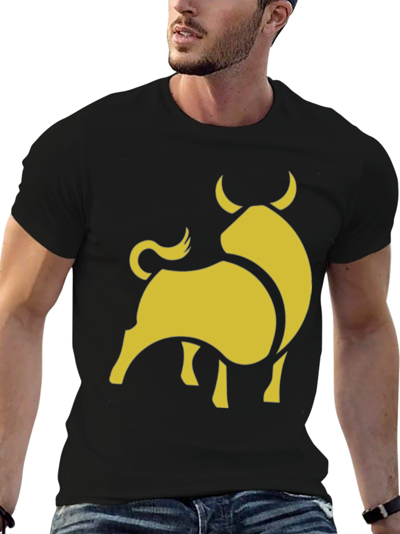 Black Stylish Black Tee with Gold Bull Graphic view 6