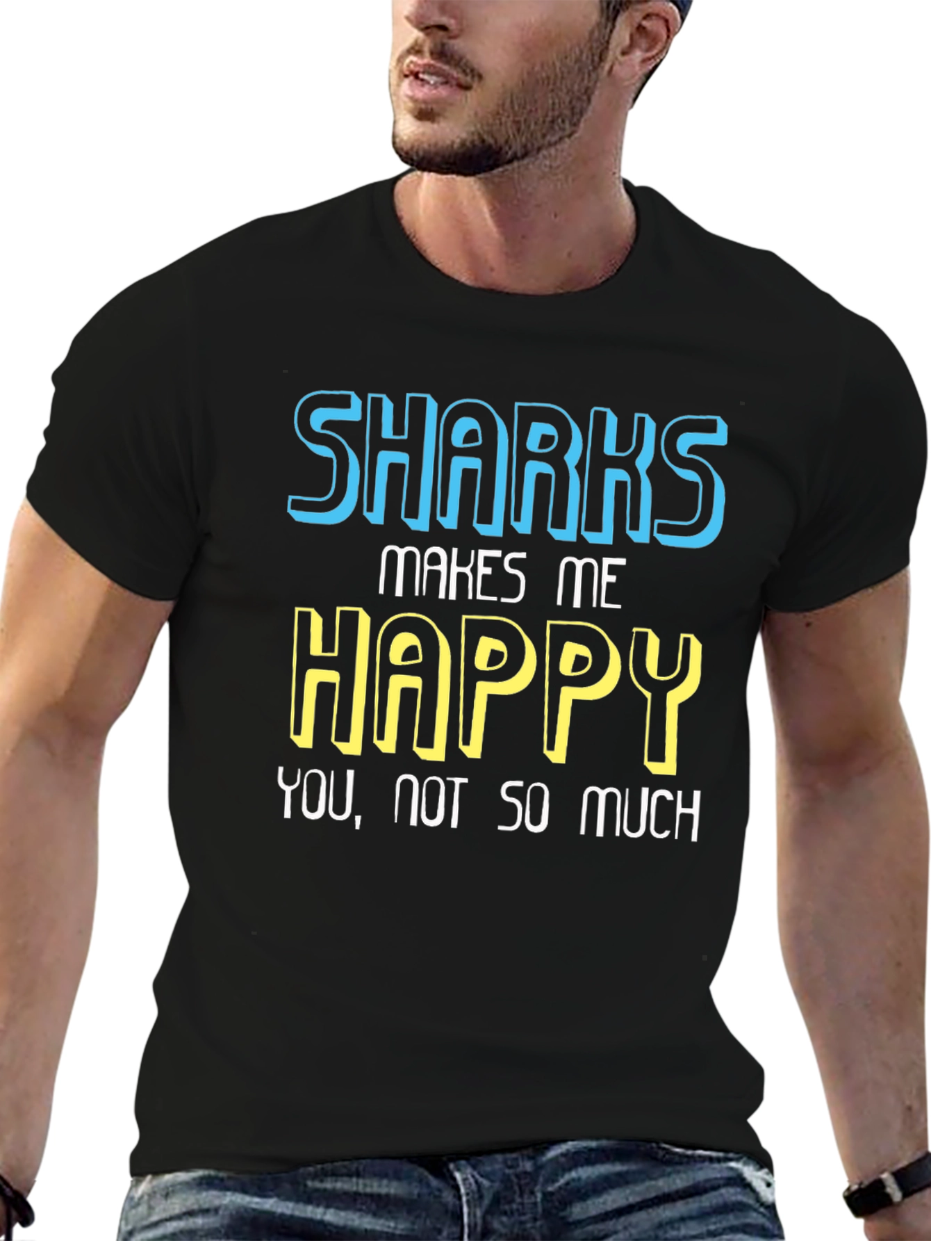 Black Funny Sharks Makes Me Happy Graphic Tee view 6