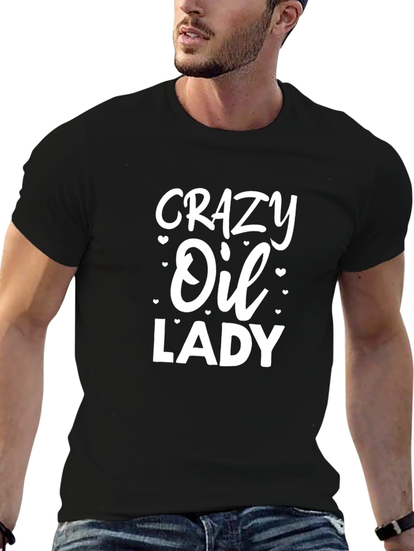 Black Crazy Oil Lady Graphic T-Shirt - Unisex Black Tee view 6