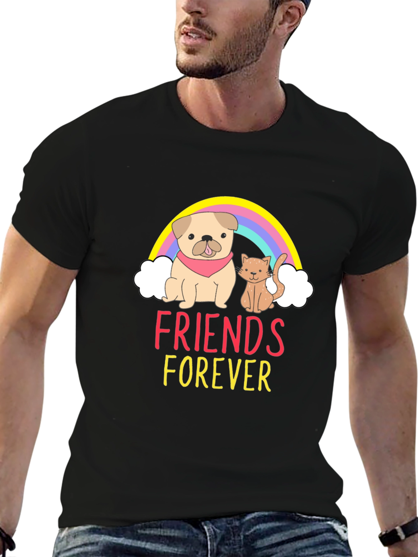 Black Friends Forever Graphic Tee - Cute Dog and Cat T-Shirt view 6