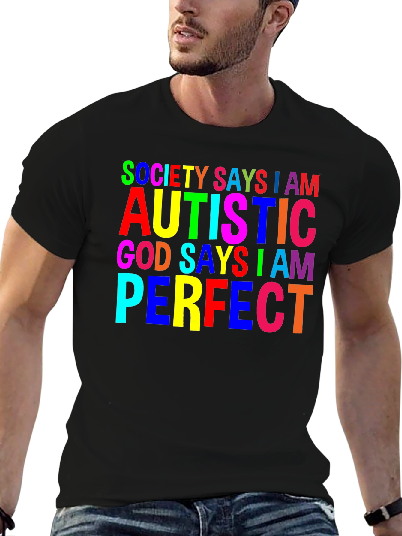 Black Autism Awareness T-Shirt: Society Says I Am Autistic, God Says I Am Perfect view 6