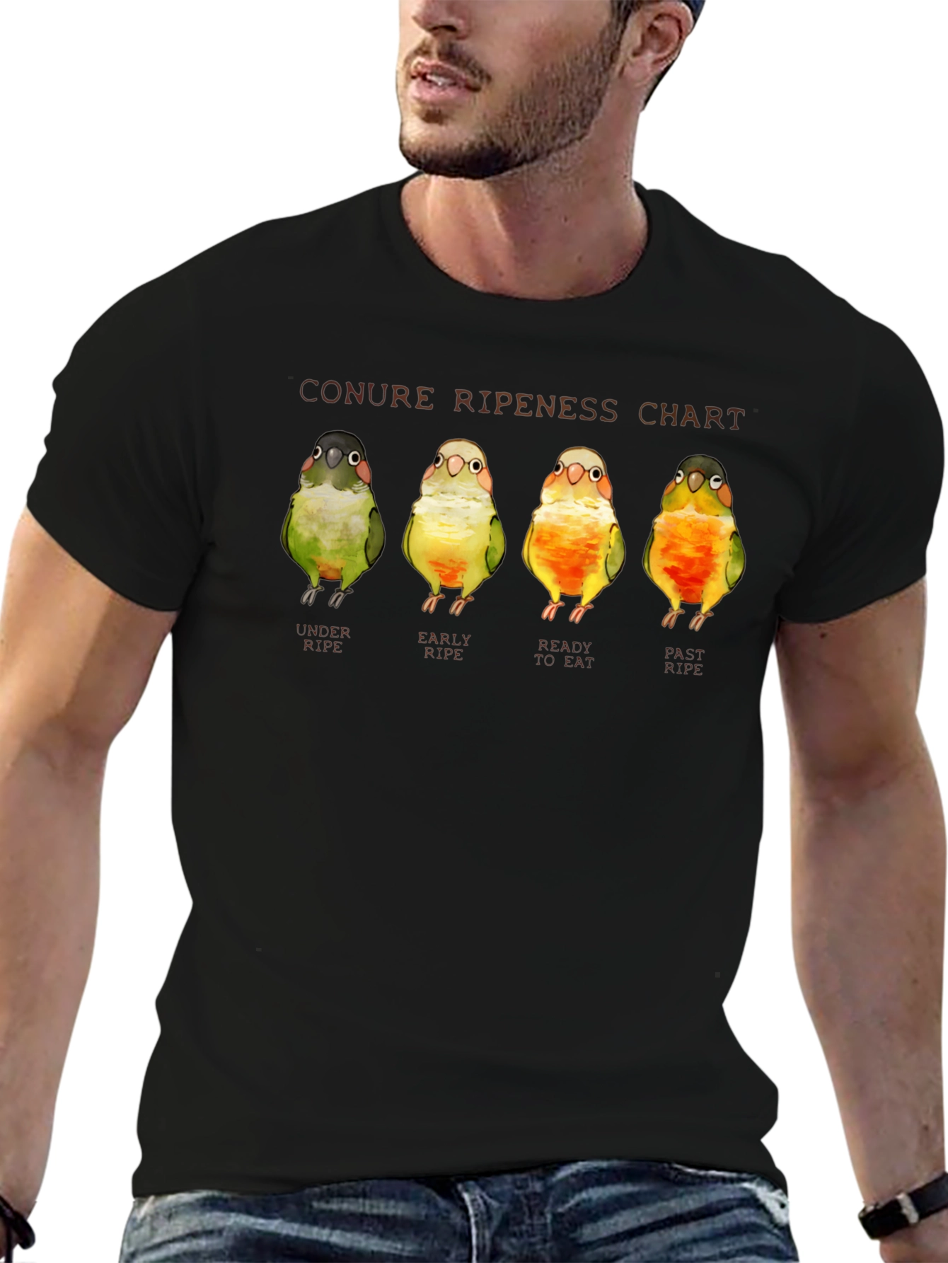 Black Conure Ripeness Chart Graphic T-Shirt view 6