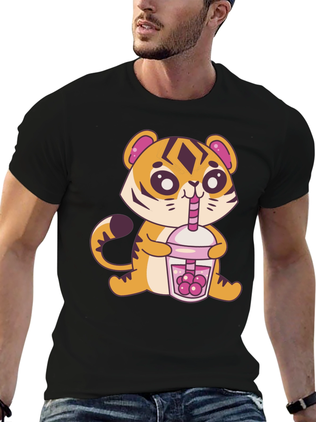 Black Cute Tiger Boba Tea Graphic Tee - Black view 6