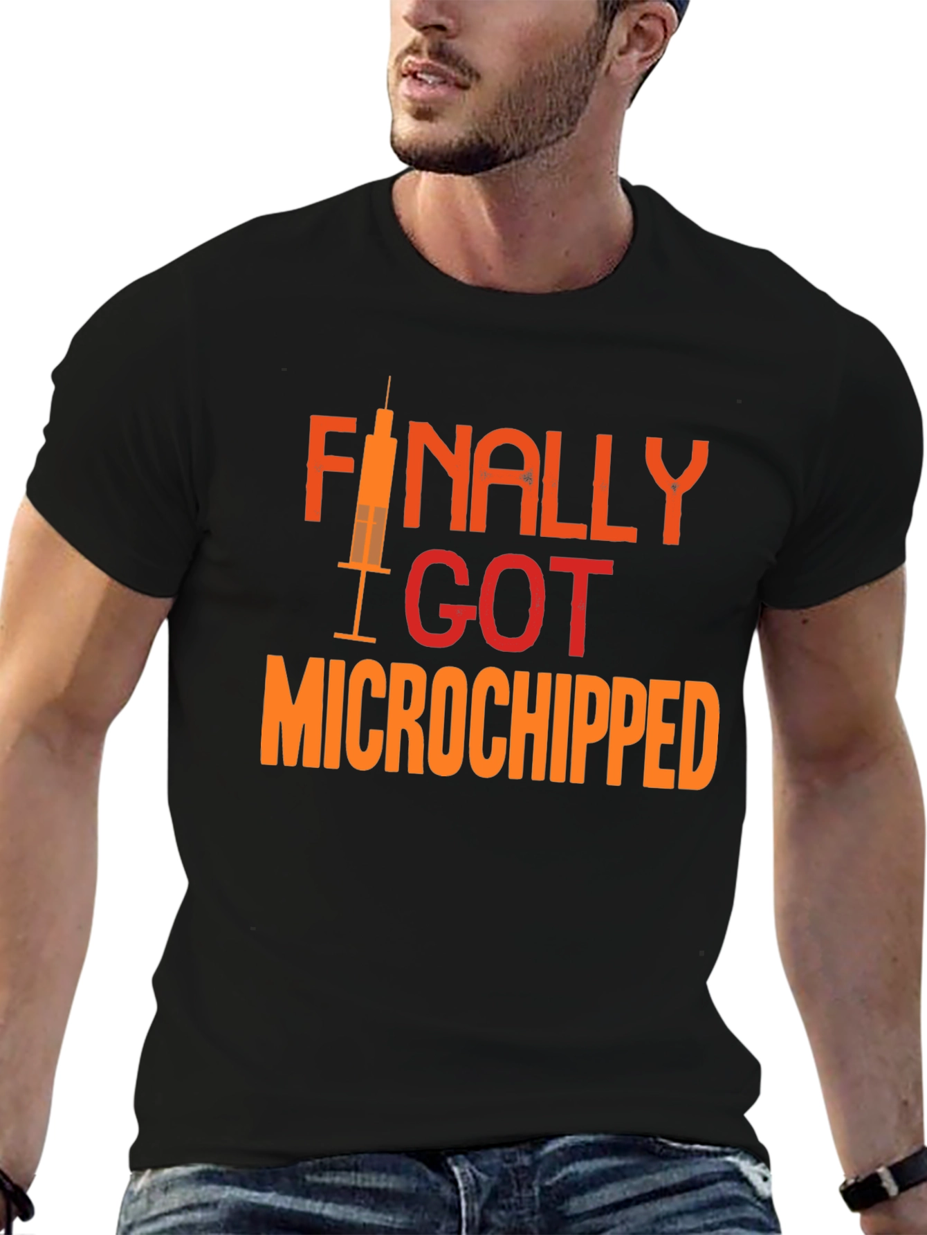 Black Finally Microchipped T-Shirt: Funny Vaccine Tee view 6