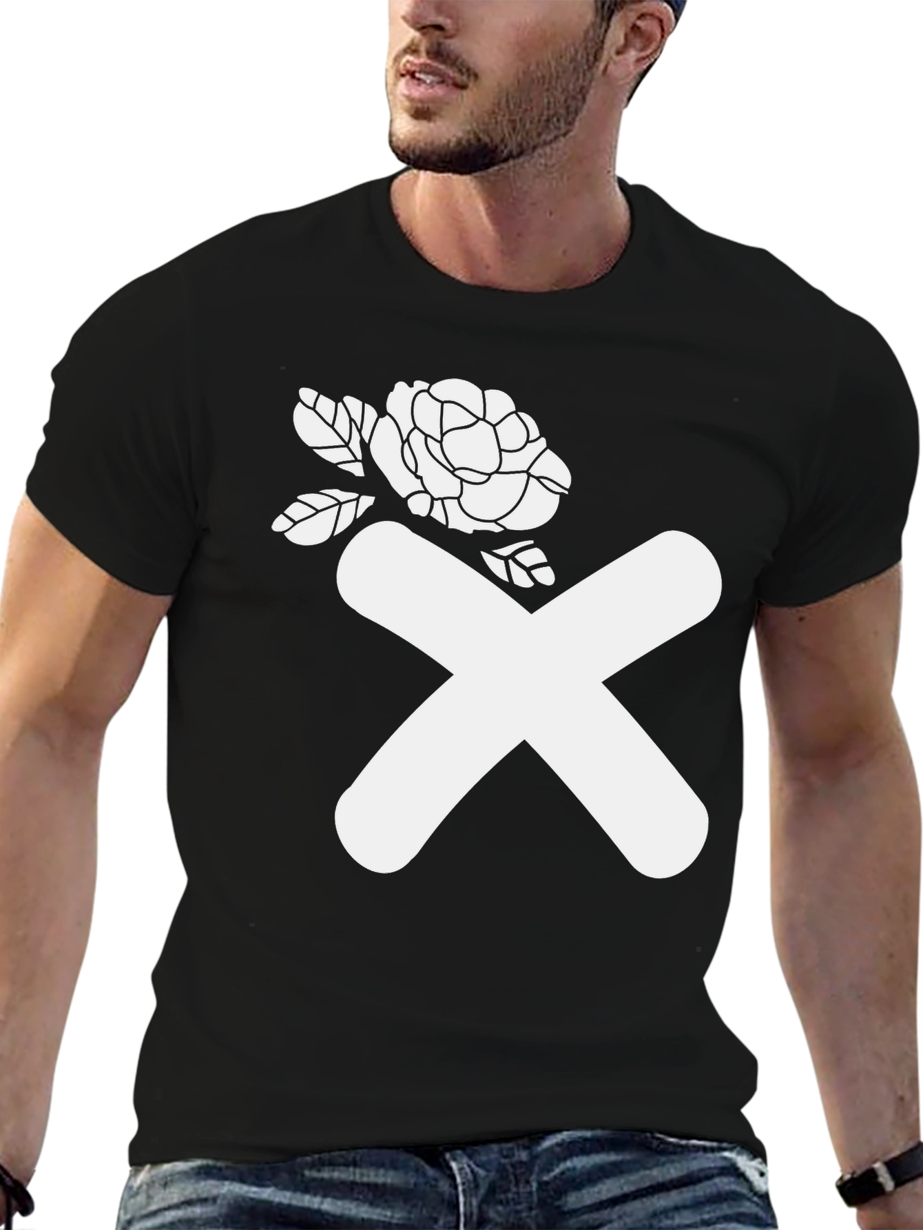 Abstract Rose & X Graphic Black T-Shirt - 6