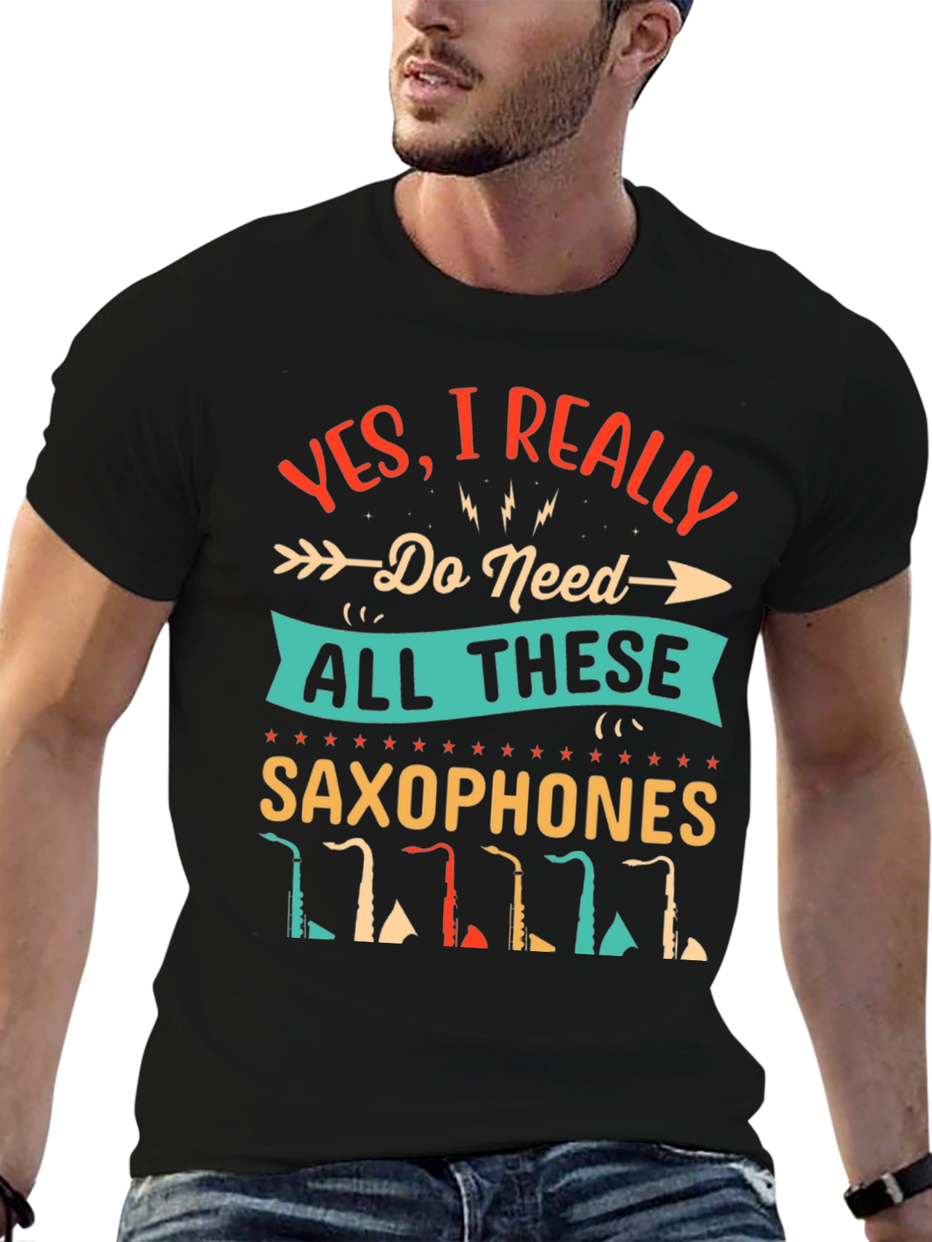 Black Saxophone Lover T-Shirt - I Need All These Saxophones! view 6