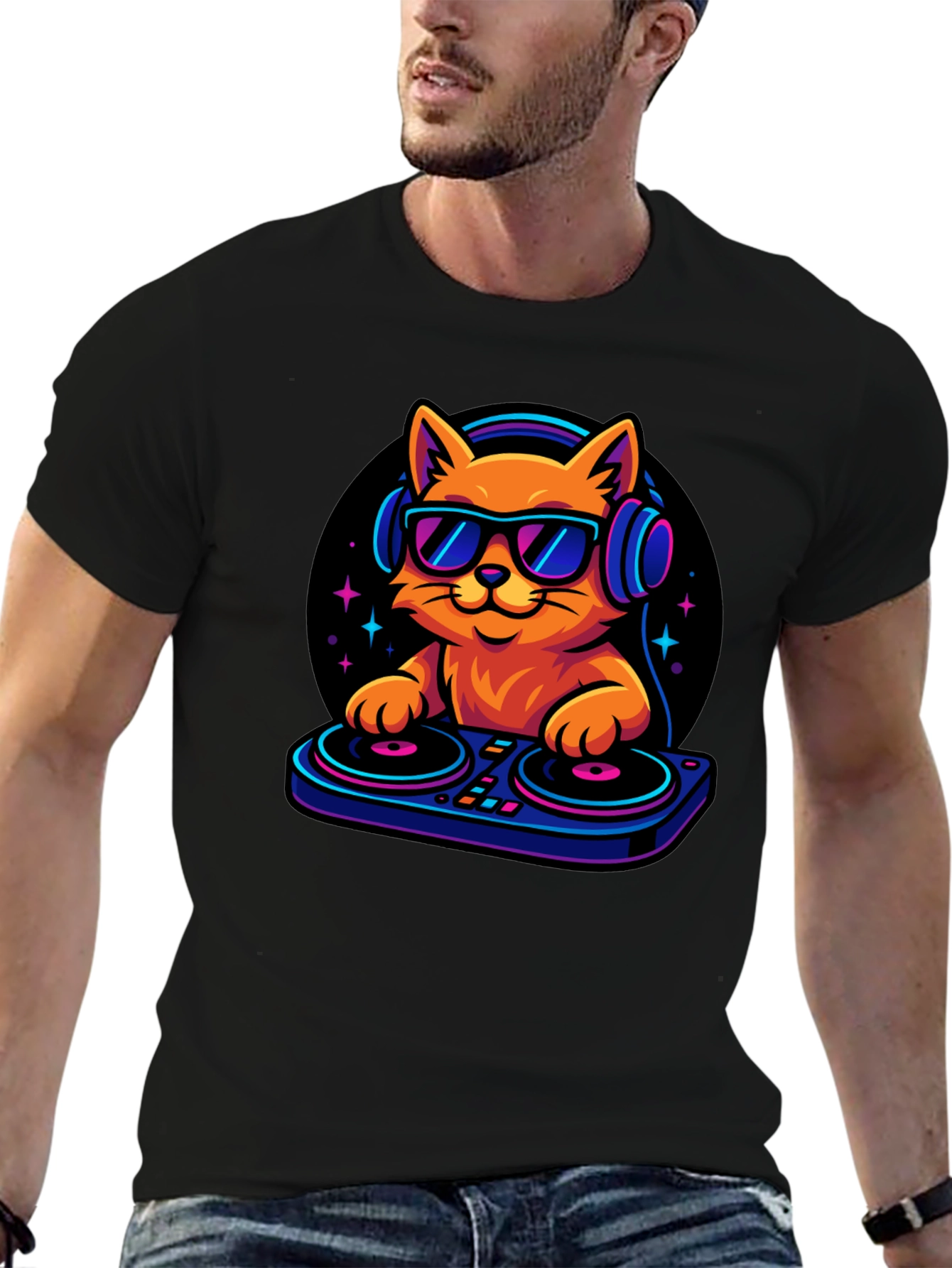 Black DJ Cat T-Shirt - Cool Cat with Headphones! view 6