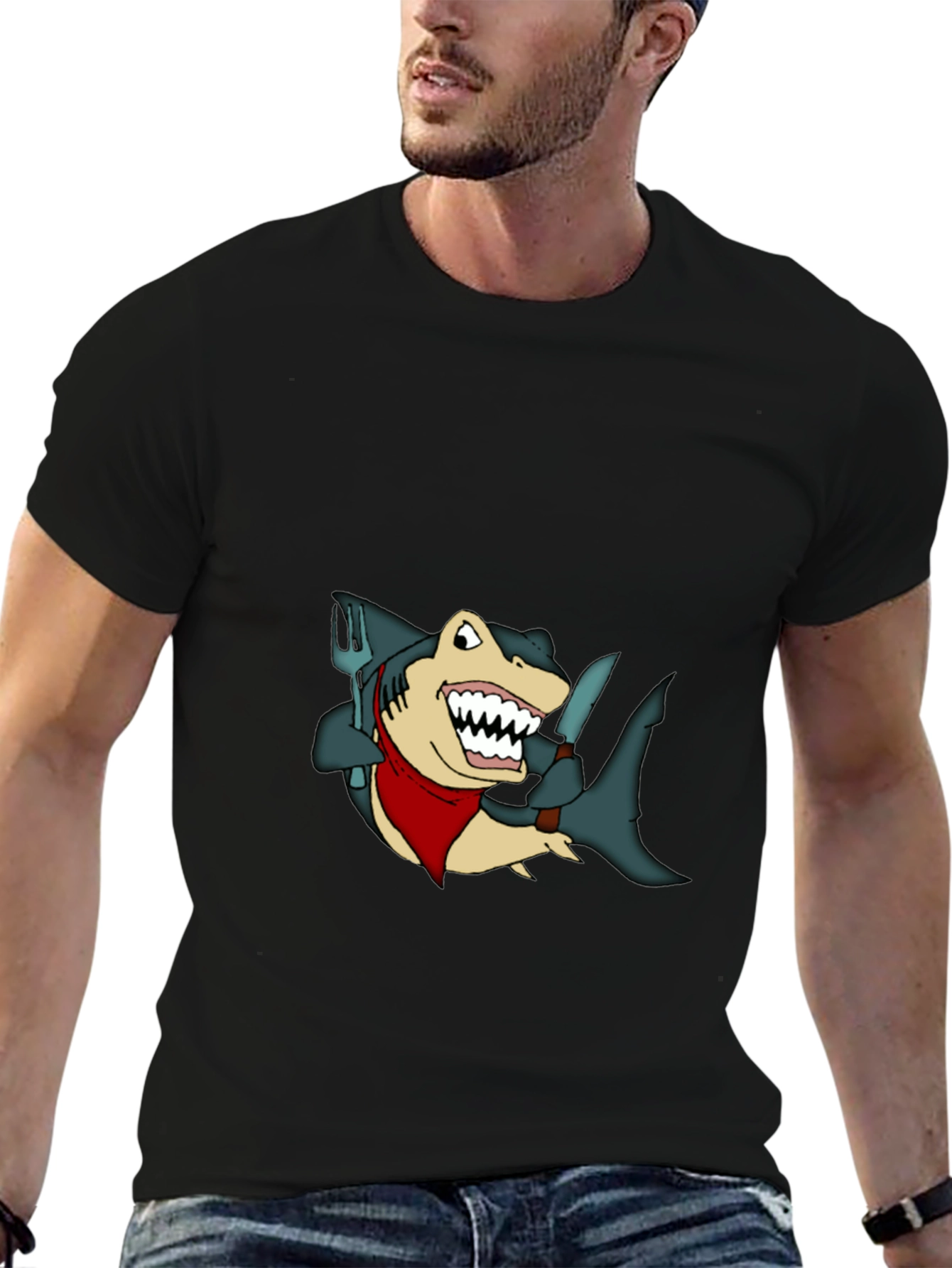 Black Shark Chef T-Shirt - Funny Cartoon Tee view 6