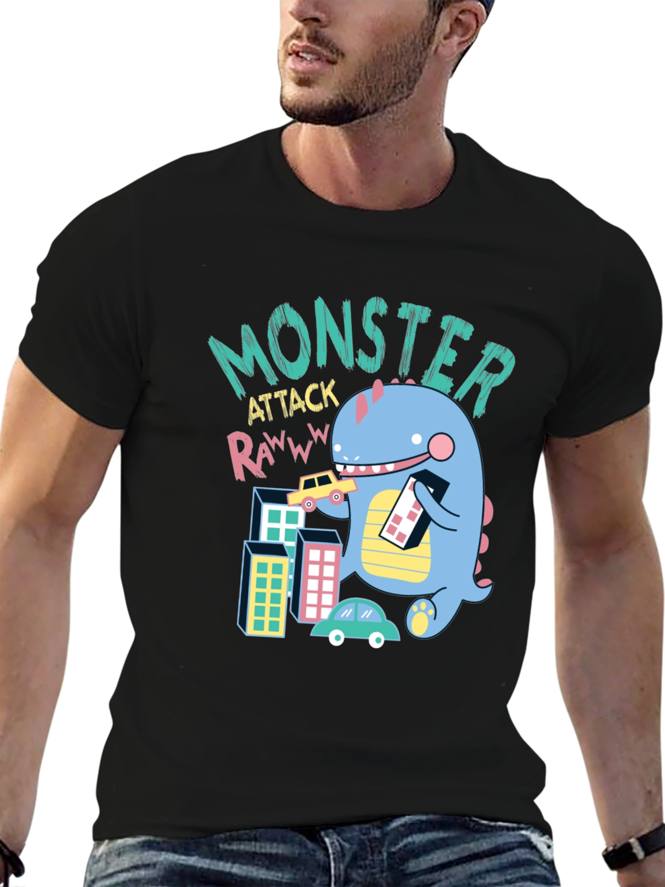 Black Monster Attack Graphic T-Shirt - Fun & Unique Design view 6