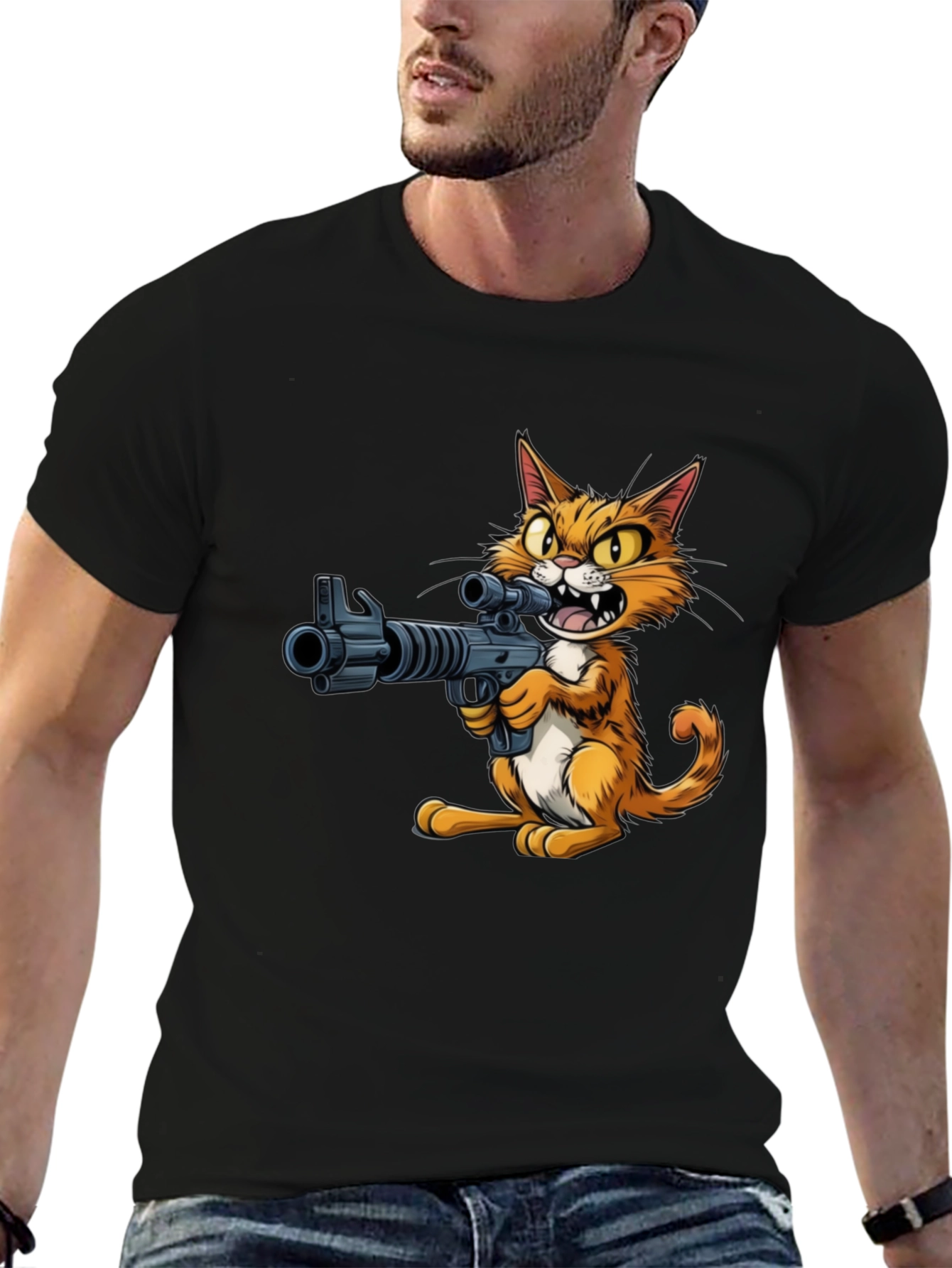 Black Cat with Gun Graphic T-Shirt view 6
