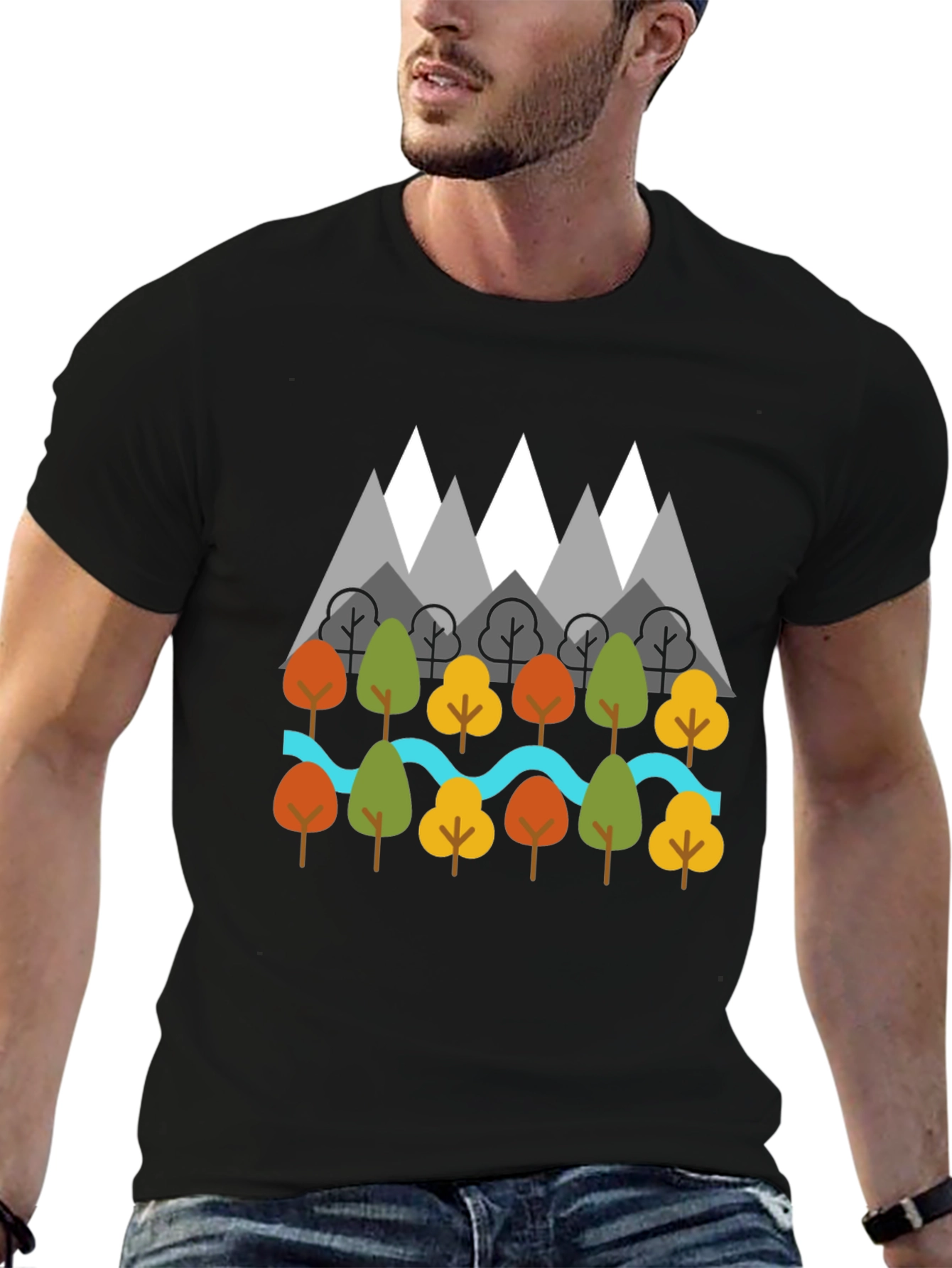 Black Nature Graphic T-Shirt - Mountains, Trees, River Design view 6
